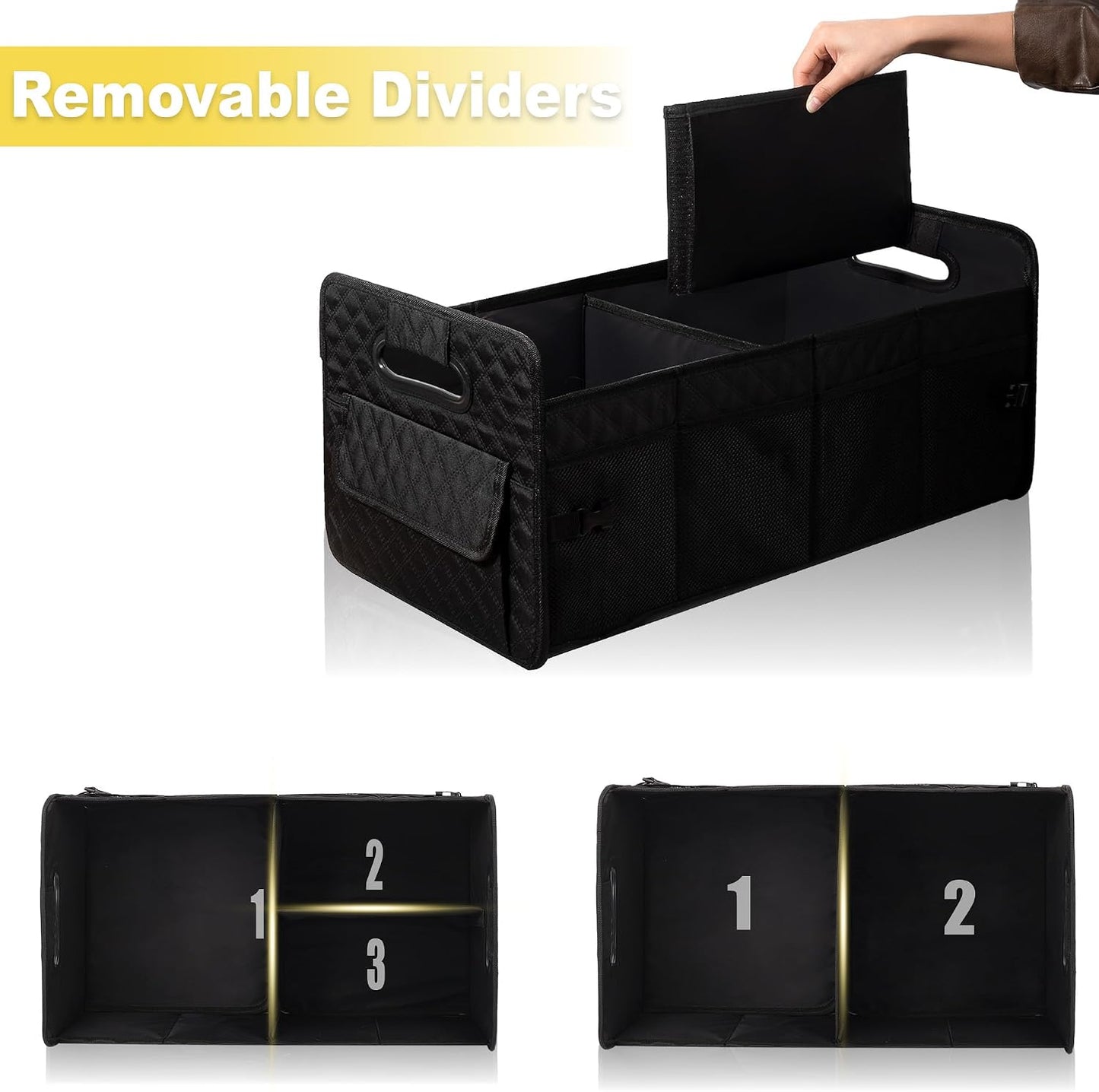 JiatuA Car Trunk Organizer for SUV, Collapsible Car Storage Organizer Black | Sturdy, Large Capacity, Diamond Decor, Multi Compartment Container Box Adjustable Car Accessories for Sedan Truck