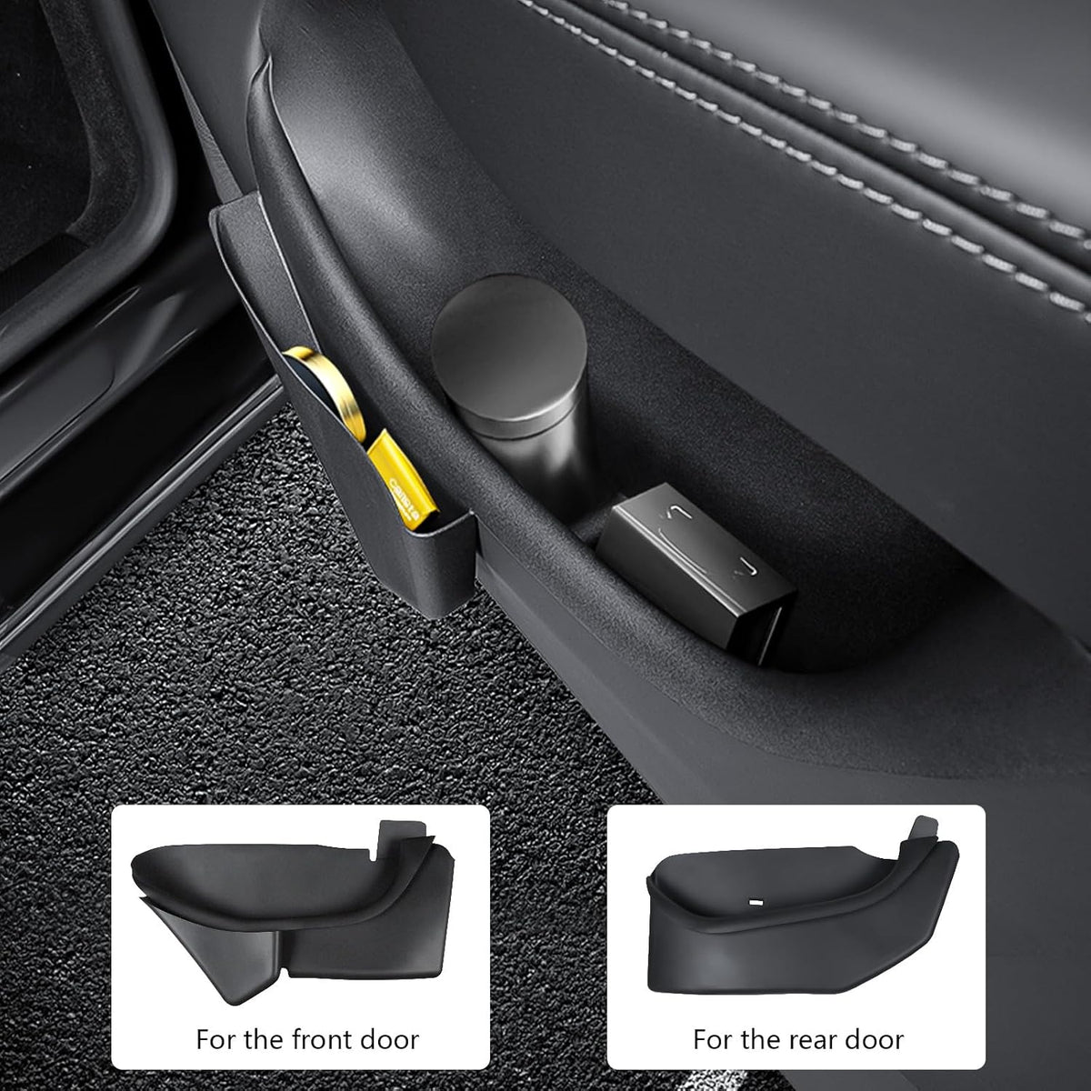 Door Side Storage Box Compatible with 2025 2026 Tesla Model Y Juniper Accessories, Full Cover TPE Door Pocket Liner Organizer with Emergency Mechanical Release Handle, 4PCS Front Rear Set (Black)