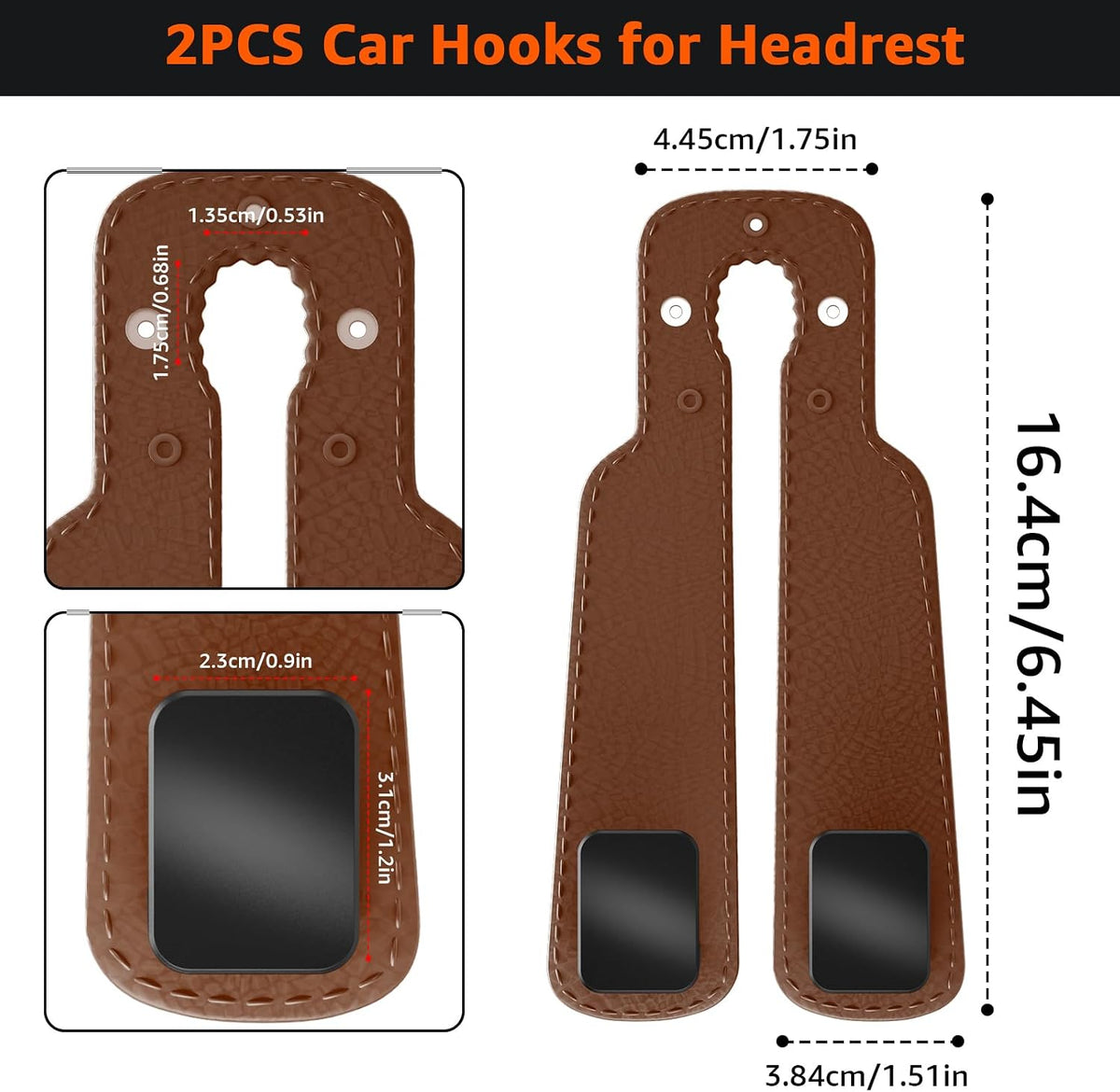 Headrest Hooks For Car, Multifunctional Purse Hook Leather Seat Back Storage Hook Double Metal Hooks Car-Hangers for Seat(2 Pack, Brown)