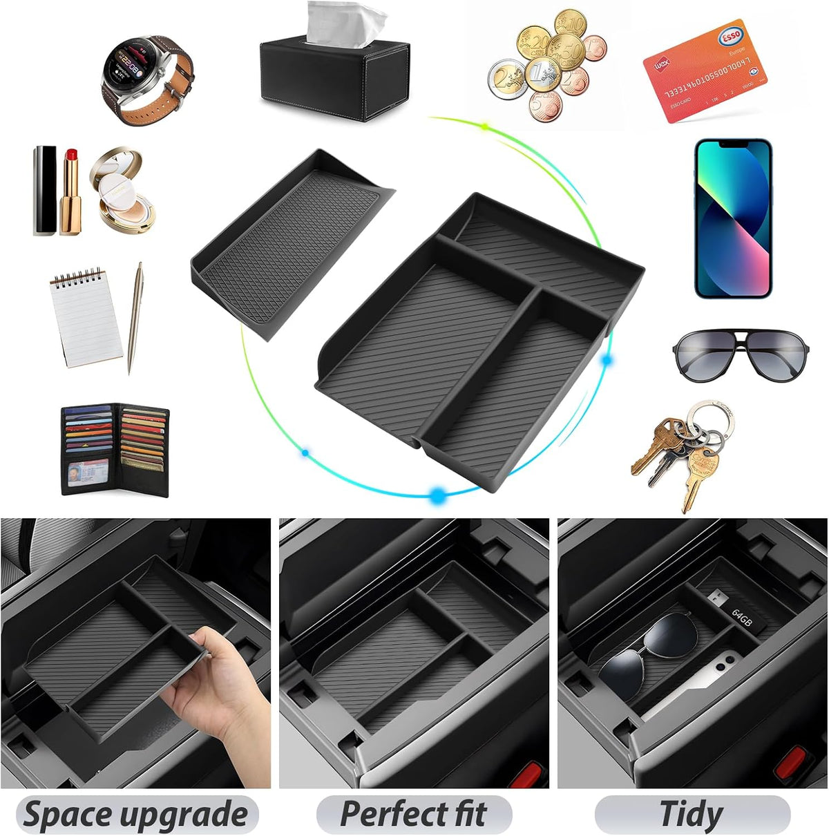 SKTU 2Pcs for 2024 2025 2026 Mazda CX-90 Accessories Center Console Organizer for 2024-2026 Mazda CX-90/2025 2026 Mazda CX-70 Console Tray Wireless Charging Mat 2025 2026 CX-90 Non-Slip Pad