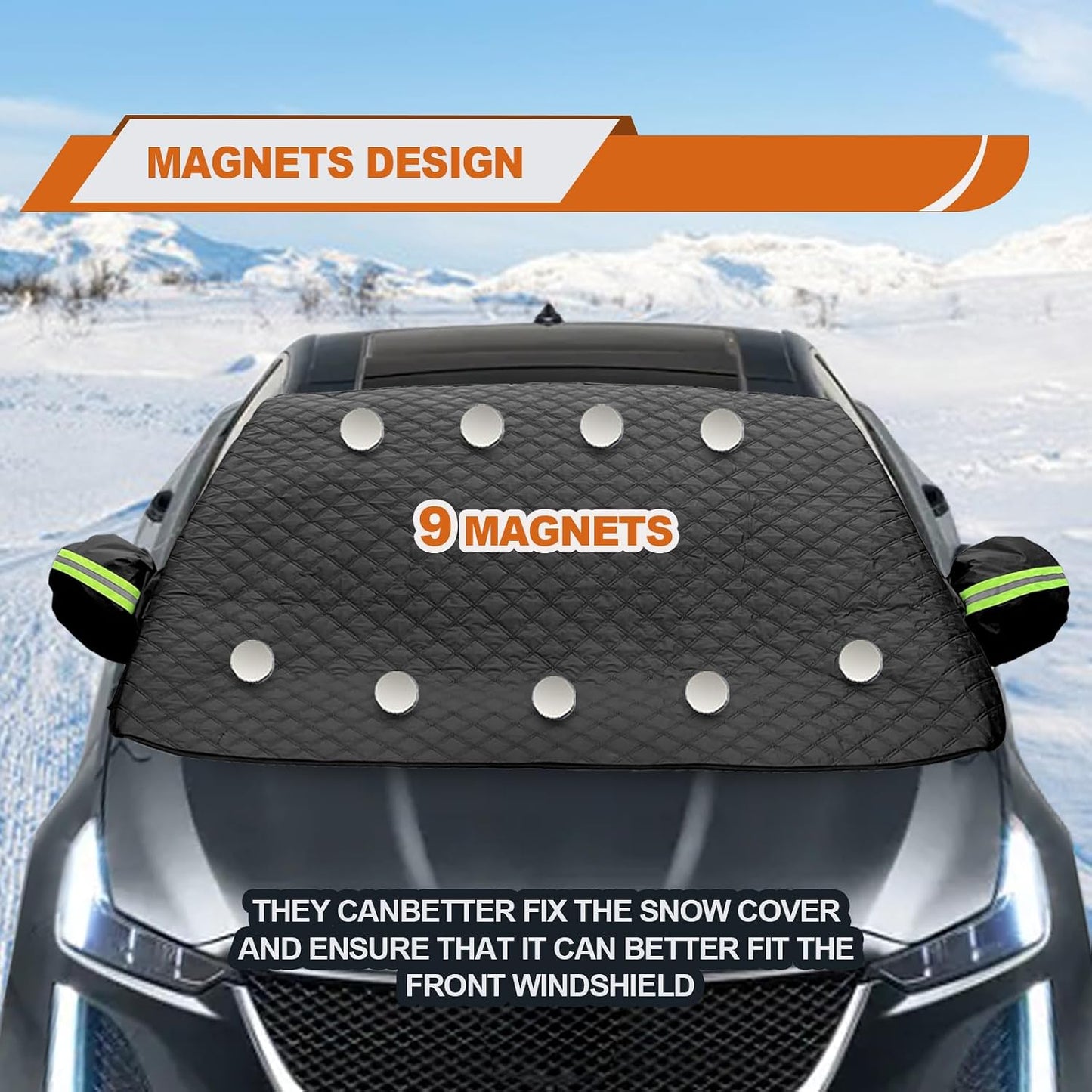 Car Windshield Snow Cover with Side Mirror and Hook, Winter Magnetic Windshield Sun Shade Foldable, Windshield Cover for Ice and Snow, Fit for Small Sedan, Compact SUV, (58"x47") Black