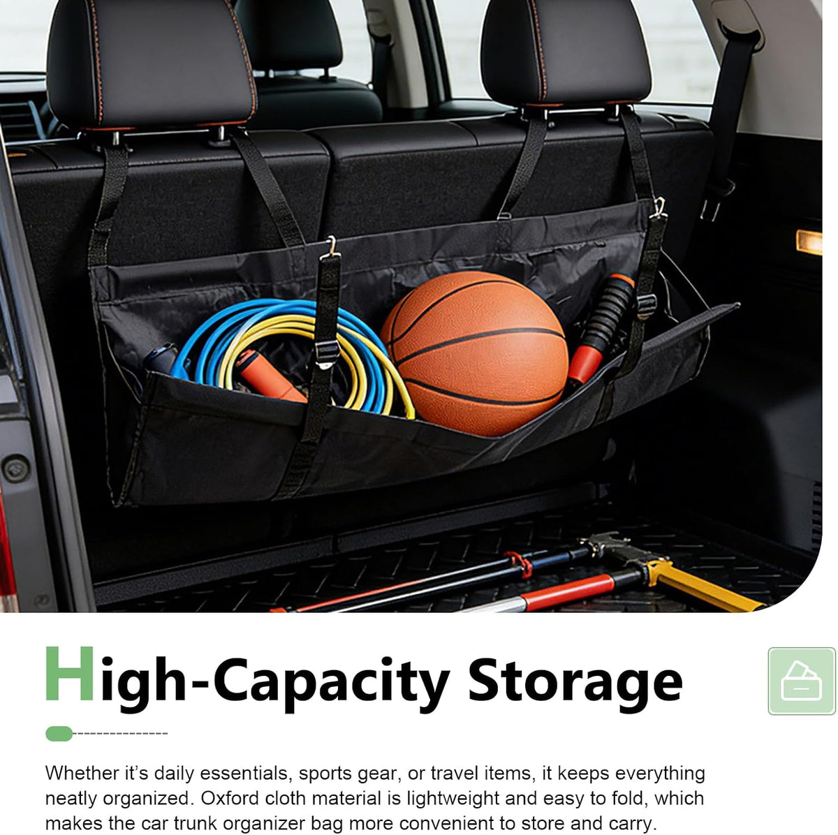 Car Trunk Organizer, Hanging Backseat Storage Bag with Adjustable Straps, Waterproof Oxford Fabric Collapsible Back Seat Organizer, Universal for Most Cars, Trucks, SUVs, Van (Black)
