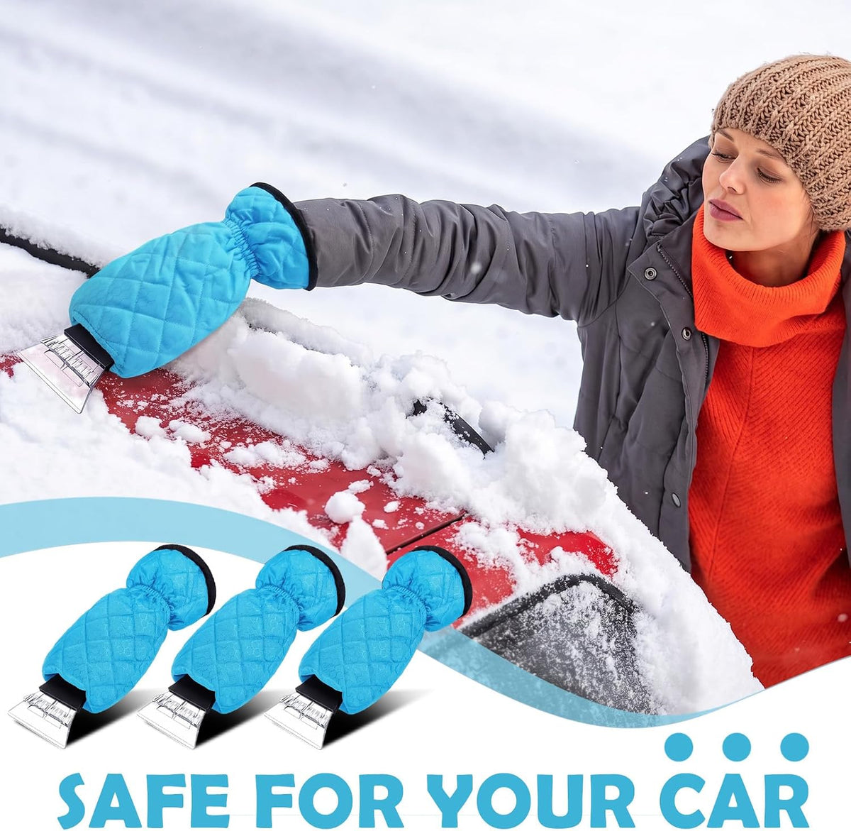 JaGely 4 Pack Ice Scrapers with Glove for Car Windshield,Sky Blue
