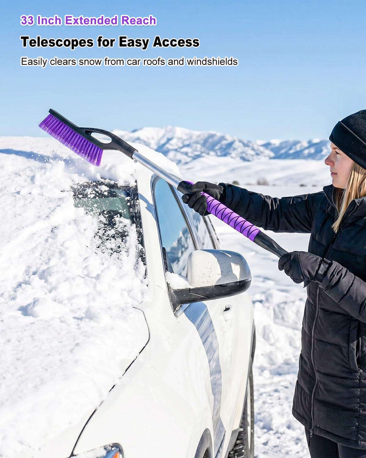 HEEYA Ice Scraper and Brush for Car, Extendable Snow Brush and Ice Scraper for Car Windshield Window, Car Snow Scraper and Brush with Foam Grip for SUV Truck Automobile Vehicle - Purple