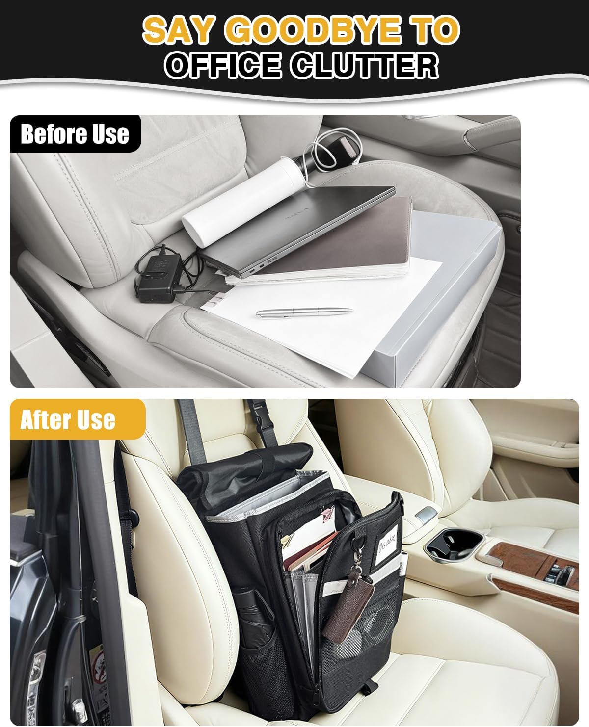 Car Front Seat Organizer with Accordion File Pocket | Laptop Sleeve (Up to 15.6 In) | Privacy Flap | Cup Holders | Adjustable Straps | Holds Tablets, Files, Supplies | for Work on the GO