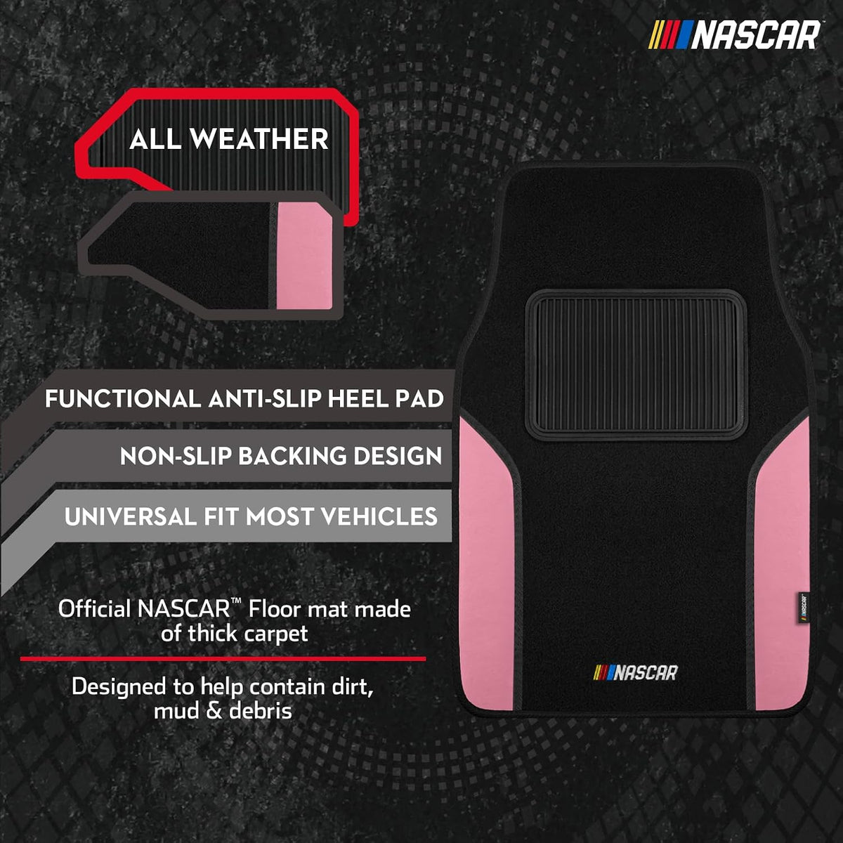 NASCAR Car Floor Mats, Carpet & Pink Leather Design Car Mats, Universal-Fit All-Weather Car Floor Mats with Built-in Heel Pad & Anti-Slip Backing, Durable Odorless Automotive Interior Accessories