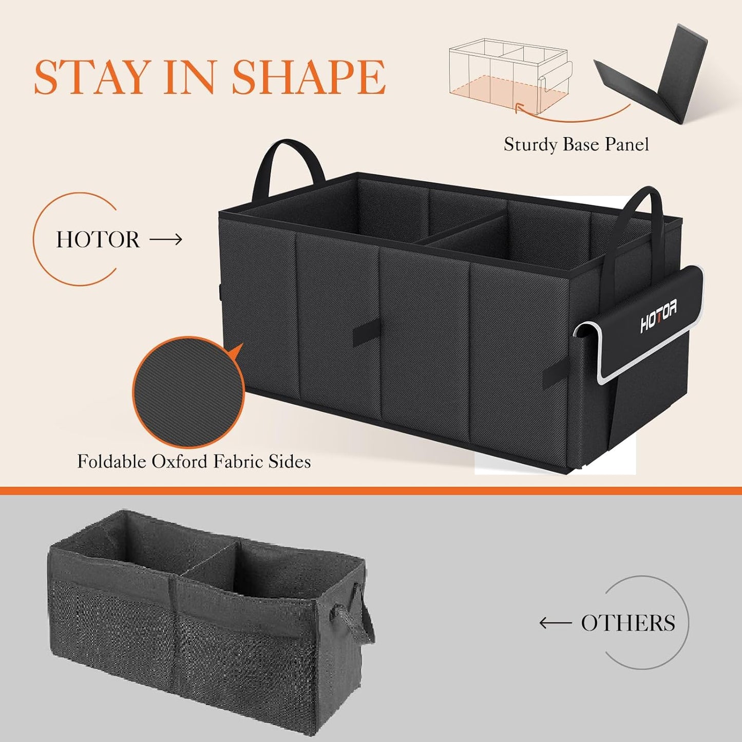 HOTOR Trunk Organizer - Car Organizer with 5 Pockets, Trunk organizer for SUV, Sedan &amp; Van, Car Organization with Sturdy Base Panel for Car Accessories, Black, 2 Compartments, 21.3"×12.6"×10.6"