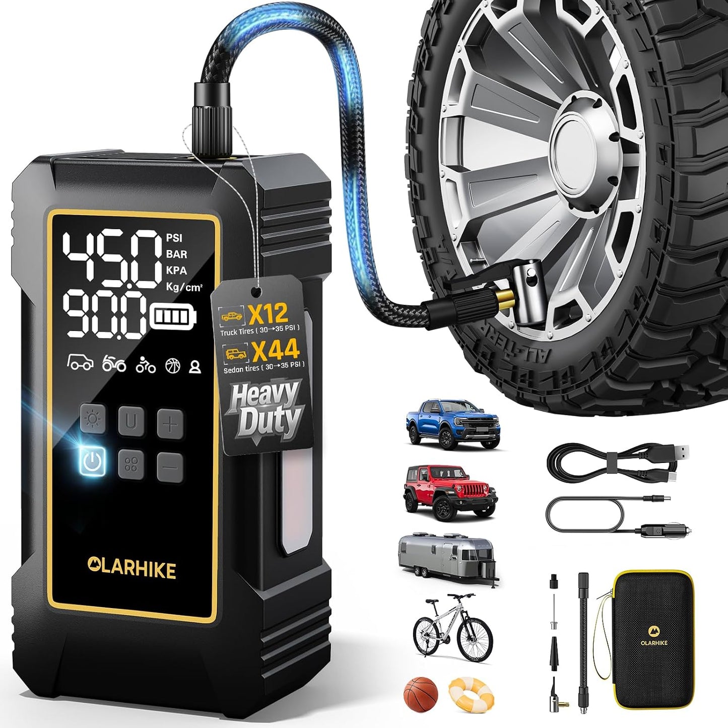 OlarHike Powerful 12000mAh Heavy Duty Tire Inflator Portable Air Compressor, 7X Faster, 150PSI Dual Power 12V&Cordless Air Pump for Car Tires, Pickup Trucks, Jeeps, SUVs & RVs. Digital Pressure Gauge