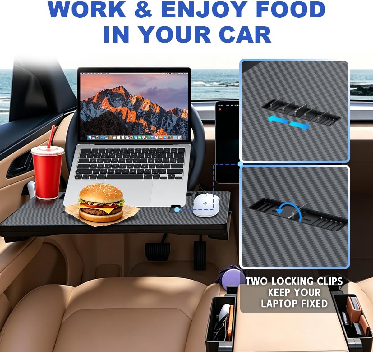 2 in 1 Large Car Steering Wheel Tray Table, Car Seat Gap Filler Organizer