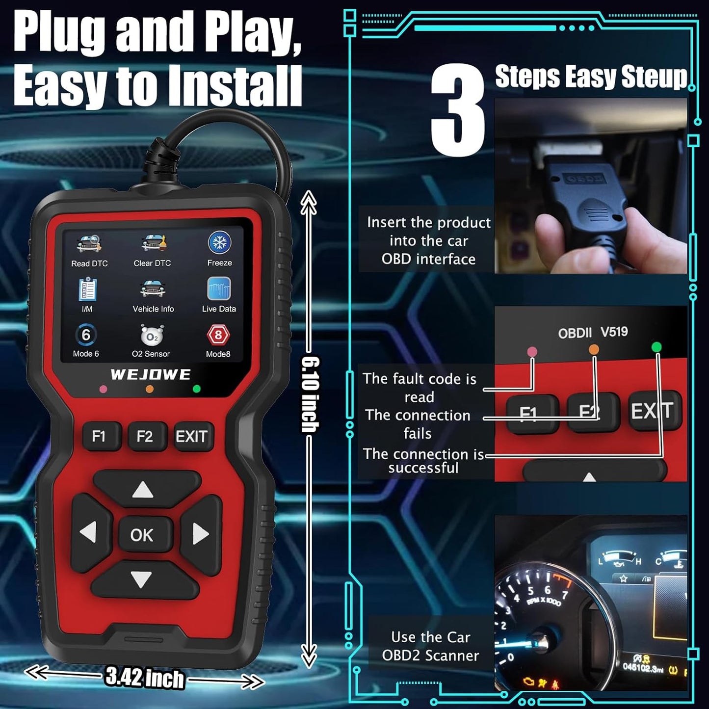 WEJOWE Upgraded OBD2 Scanner Diagnostic Tool, Check Engine Code Reader OBD2 Scanner with Reset, Battery Test Check Engine Light Mode 6, Mode 8 & I/M Car Diagnostic Scan Tool for All OBDII Car