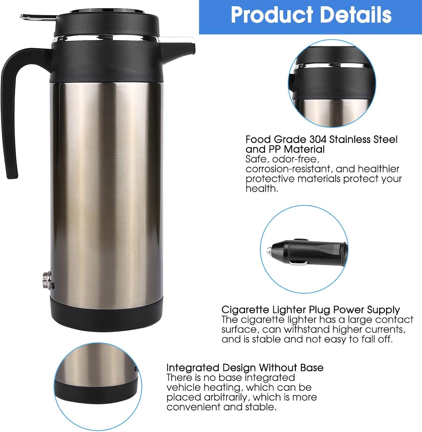 Acouto 12V Car Electric Kettle 1000ML Stainless Steel Car Electric In-car Kettle Travel Thermoses Heating Water Bottle Heating Cup