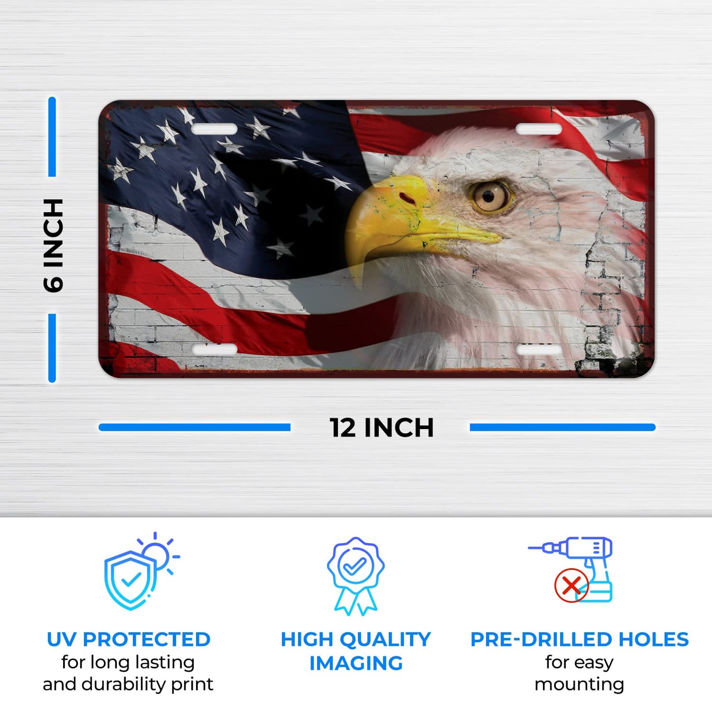 Decorative American Flag Front License Plate with Eagle Novelty Car Sign, 6x12 Inches, Rust Free .040 Aluminum, Fade Resistant, Made in USA