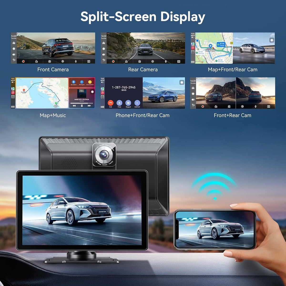 8.9" Wireless Carplay Screen for Apple CarPlay&Android Auto,4K Dash Camera