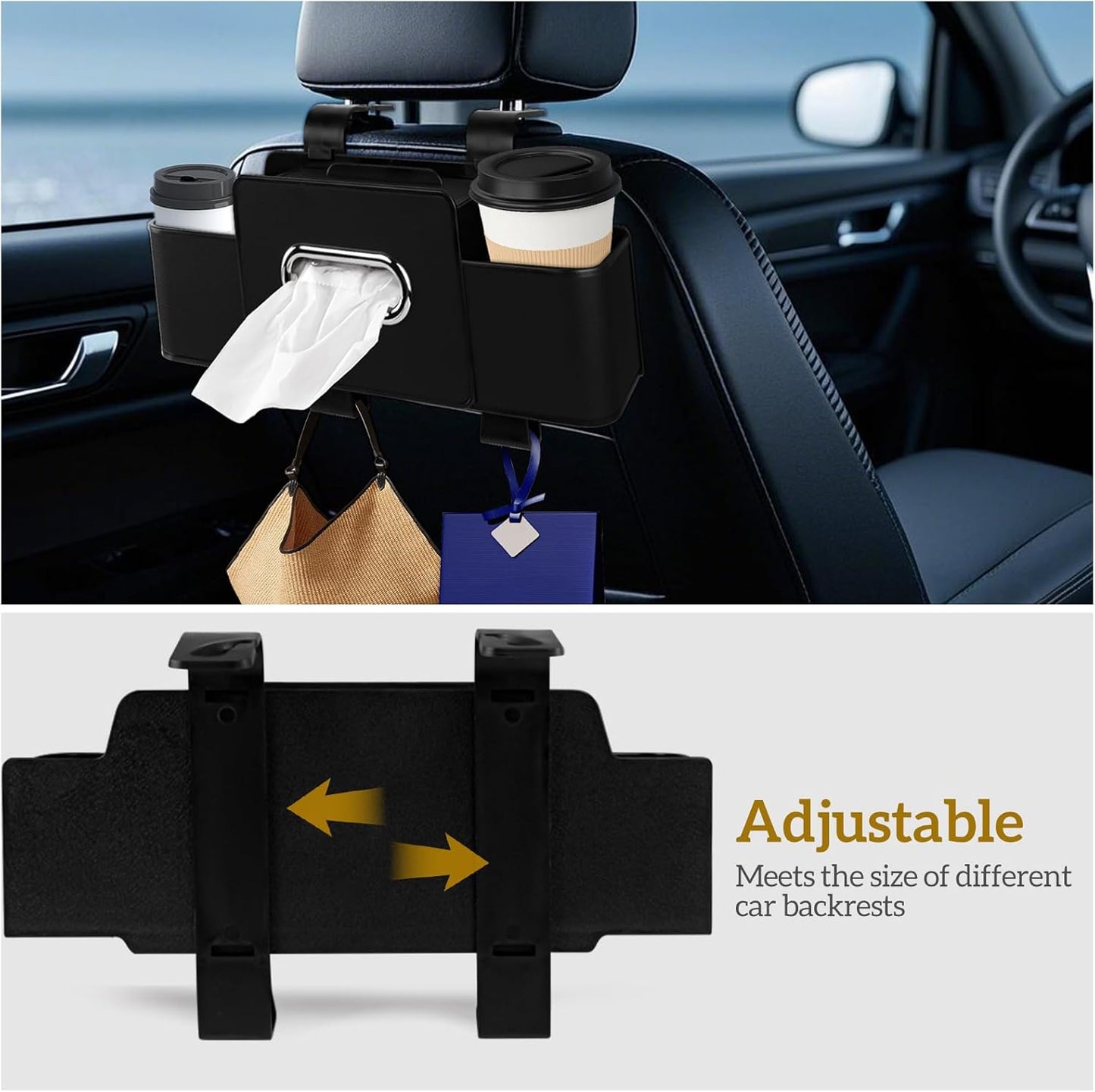 Car Back Seat Organizer with Tissue, Car Seat Back Tissue Box and Storage Hook, Multifunctional Car Organizer for Hold Phone,Drinks,Handbag,Compatible with Most Vehicles (Black)