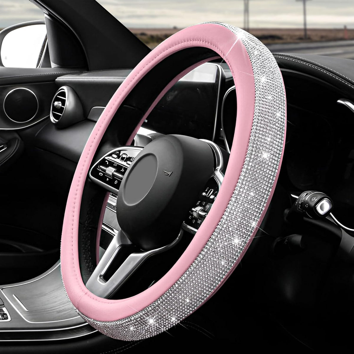Diamond Leather Steering Wheel Cover, 15 Inch Bling Crystal Rhinestone Anti-Slip Wheel Protector, Universal Sparkling Elegant Diamond Steering Wheels Cover for Women Girl (White&Pink)