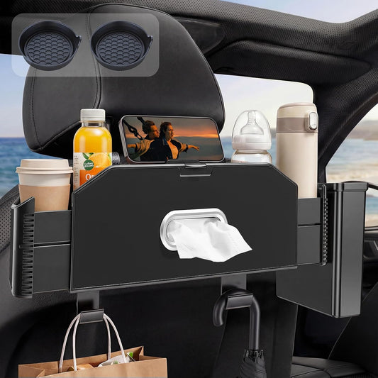 5-in-1 Back Seat Car Organizer and Storage with Extendable Cup Holder, Tissue Holder, Phone Holder, Hanging Hooks, Trash Bin, Back of Seat Car Headrest Organization Accessories for Women Man