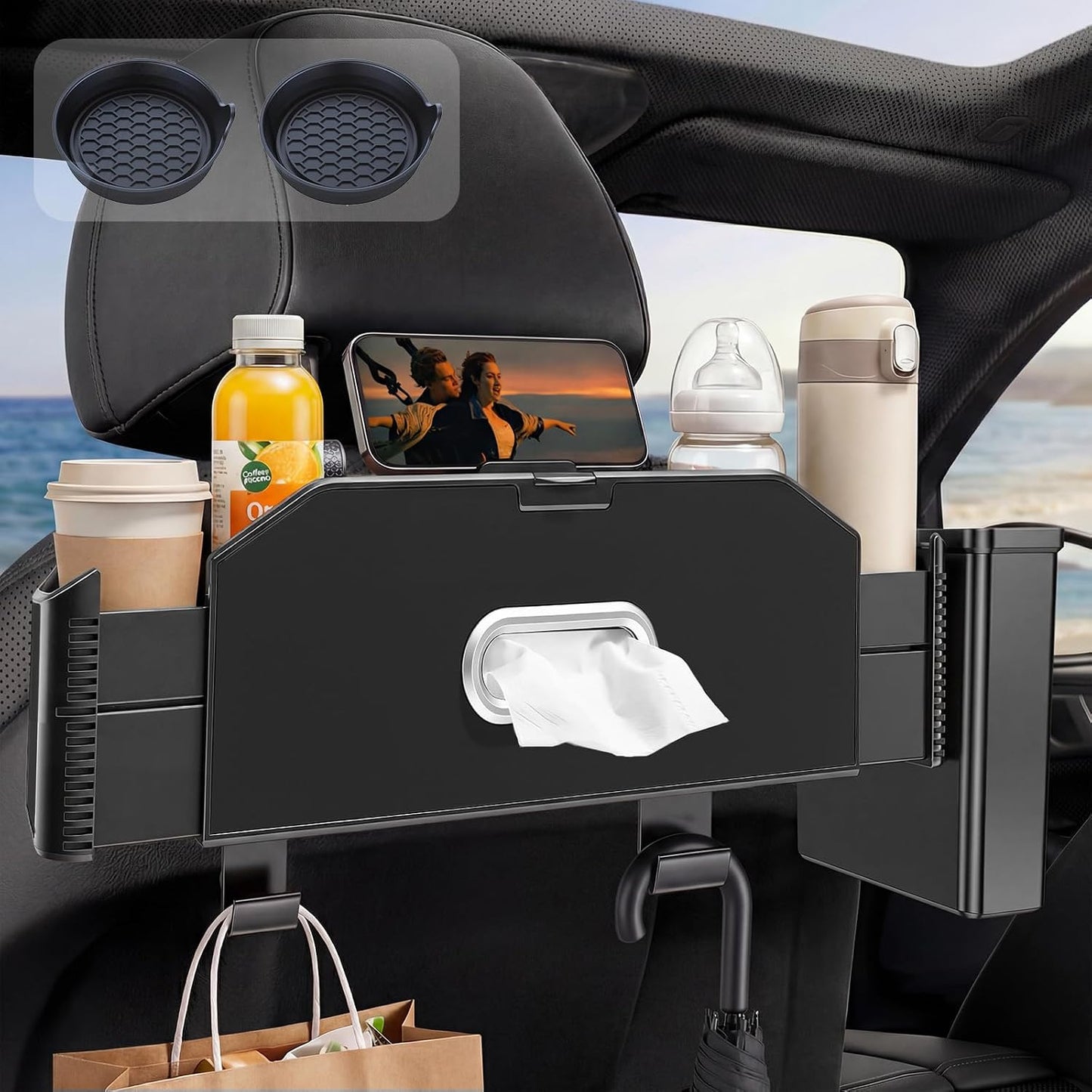 5-in-1 Back Seat Car Organizer and Storage with Extendable Cup Holder, Tissue Holder, Phone Holder, Hanging Hooks, Trash Bin, Back of Seat Car Headrest Organization Accessories for Women Man