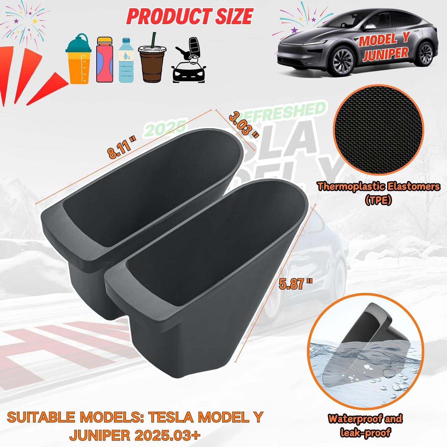 Front Door Trash Cans for 2026 Tesla Model Y Juniper Interior Accessories | Waterproof and Leak-proof Dustbin Garbage Organizer, Portable Small, Durable TPE, Easy to Clean Detachable - 2 Pack