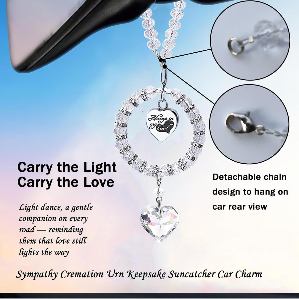 Crystal Suncatcher Mini Urn for Car Rear View Mirror Hanging Ashes Holder