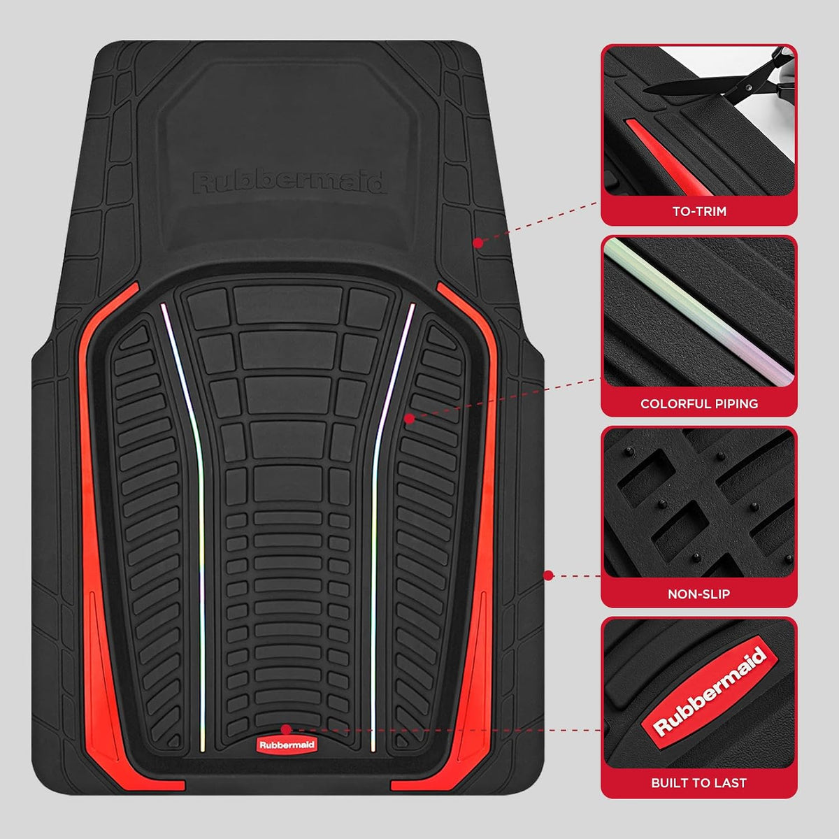 Rubbermaid Car Floor Mats Full Set – Premium All-Weather Car Mat with Brushed Aluminum Inserts, Universal Trim-to-Fit Design, Anti-Slip Backing for Cars, SUVs, Trucks, and Vans