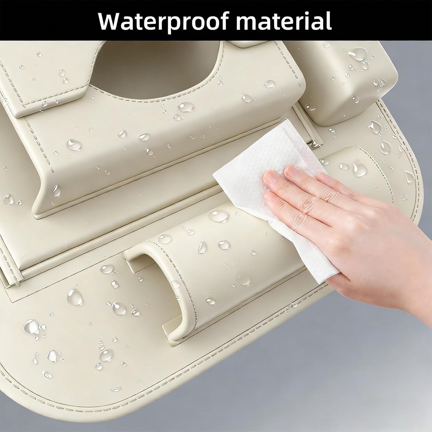 Universal Premium Leather Foldable Car Backseat Organizer with Table Tray, Car Seat Back Protector with Garbage Bag Touch Screen Pad Holder, Car Kick Mats Protector with Tissue Holder (Beige)