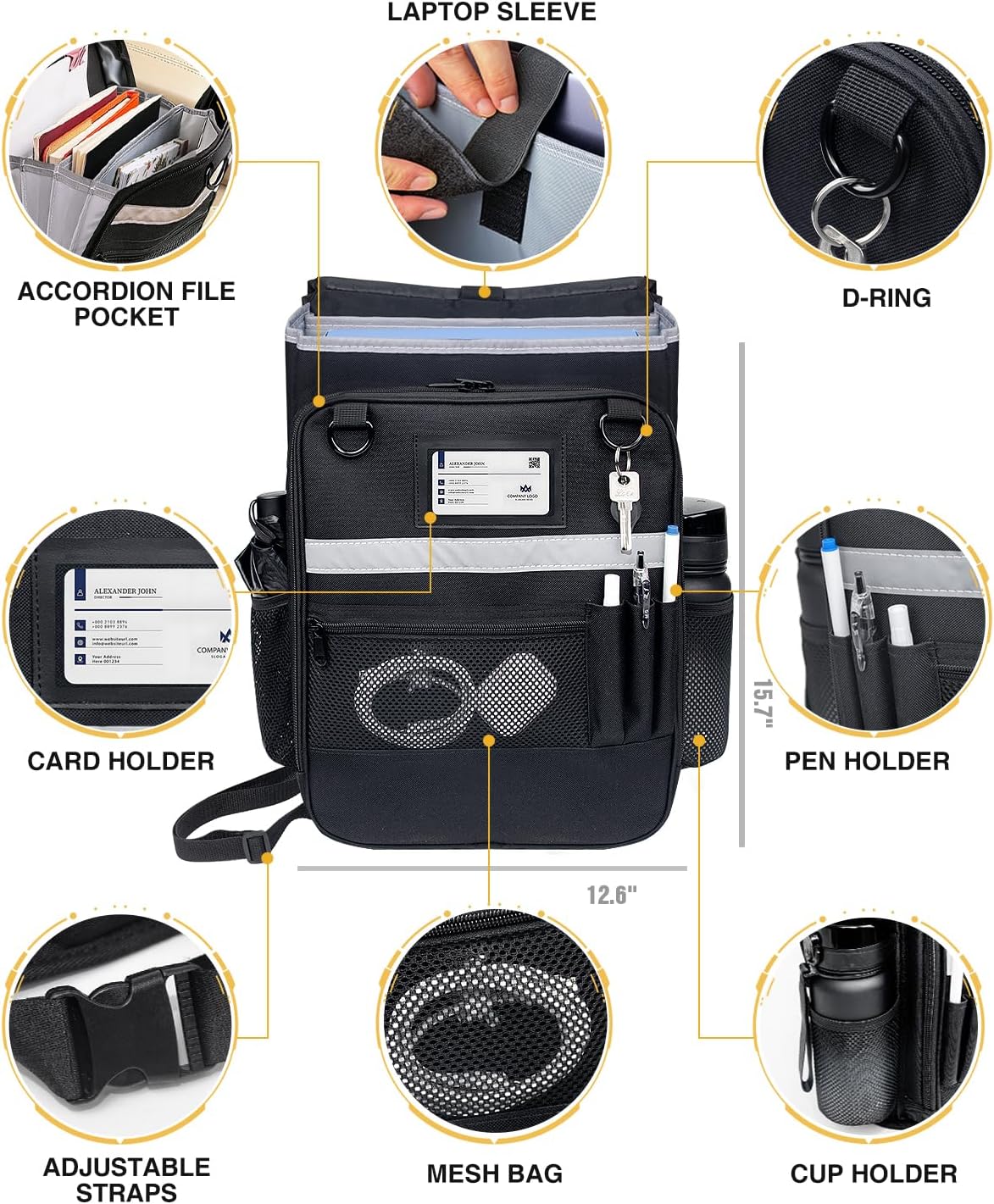 Car Front Seat Organizer with Accordion File Pocket | Laptop Sleeve (Up to 15.6 In) | Privacy Flap | Cup Holders | Adjustable Straps | Holds Tablets, Files, Supplies | for Work on the GO