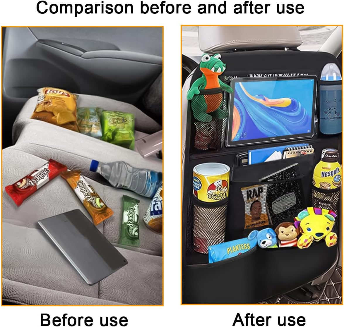 2PCS Car Seat Back Organizer, Waterproof Vehicle Storage Bag with Touch Screen Tablet Holder & 9 Pockets, Auto Kick Mats Back Seat Protector for Kids, Universal Travel Accessories (Gray/Large)