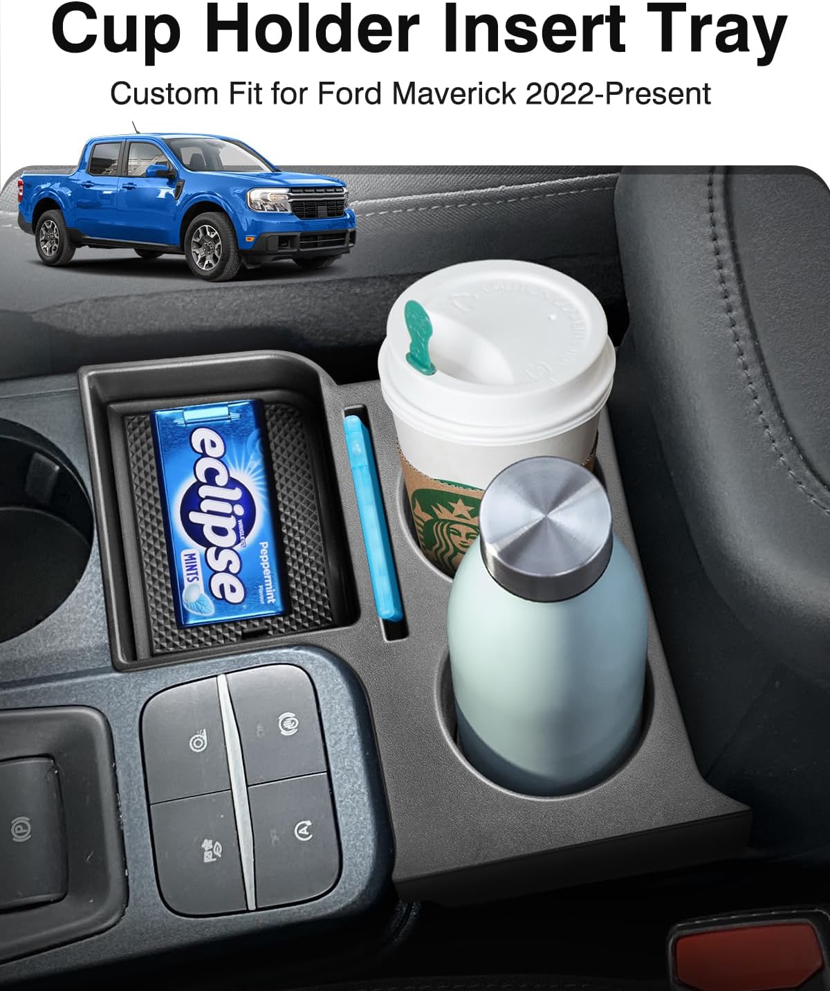 Karltys Maverick Cup Holder Insert Center Console Organizer for 2022 2023 2024 2025 Ford Maverick Accessories, Car Front Seat Armrest Storage Box for Maverick Multi-Functional Drink Cup Holder Tray