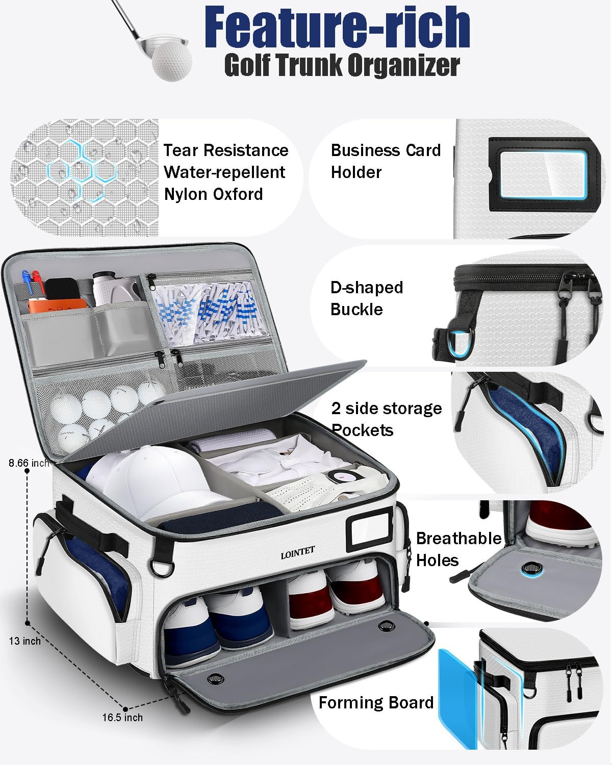 LOINTET Golf Trunk Organizer, Waterproof Car Golf Locker with Separate Ventilated Compartment for 2 Pair Shoes, Golf Storage for Balls, Tees, Cap, Clothes, Gloves, Accessories, Gifts for Men, Women