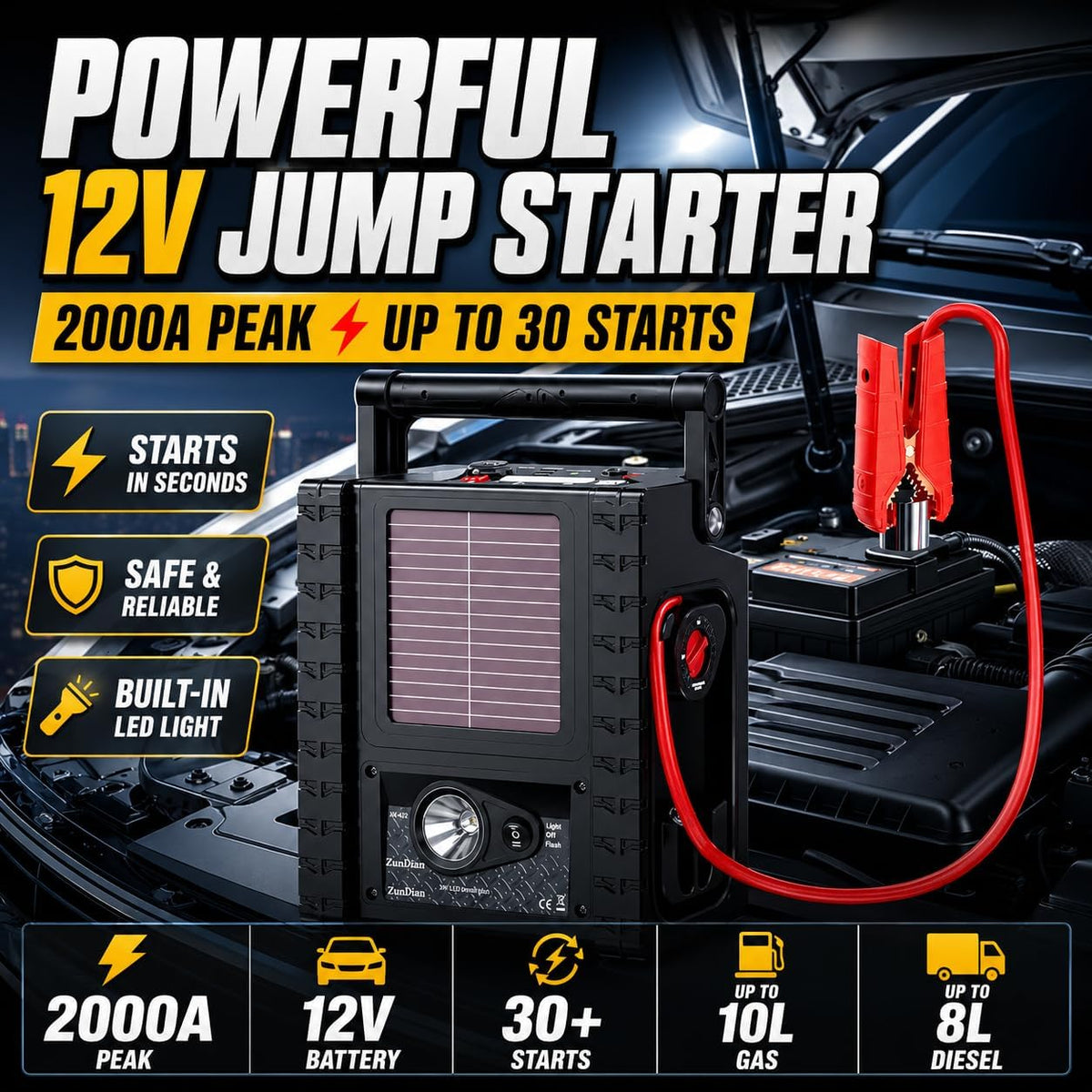 2000A Peak Heavy-Duty Jump Starter with 260 PSI Air Compressor, 12V Jump Box for Cars, Trucks & SUVs, Up to 8.0L Gas or Diesel Engines, 20,000mAh Power Pack, USB/DC Ports & 400-Lumen LED Light