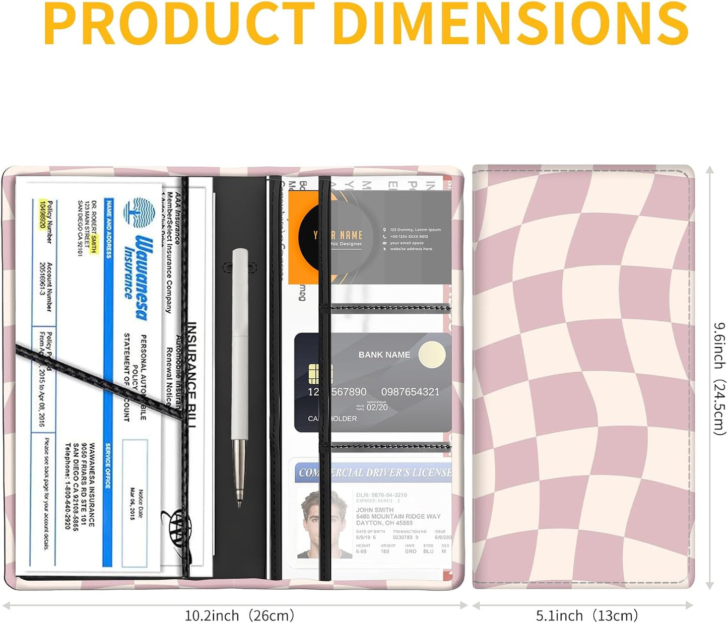 Car Registration and Insurance Holder with Magnetic Shut, Cute Vehicle Glove Box Car Organizer, Premium Interior Car Accessories for Women Men Pink Cute Checkerboard