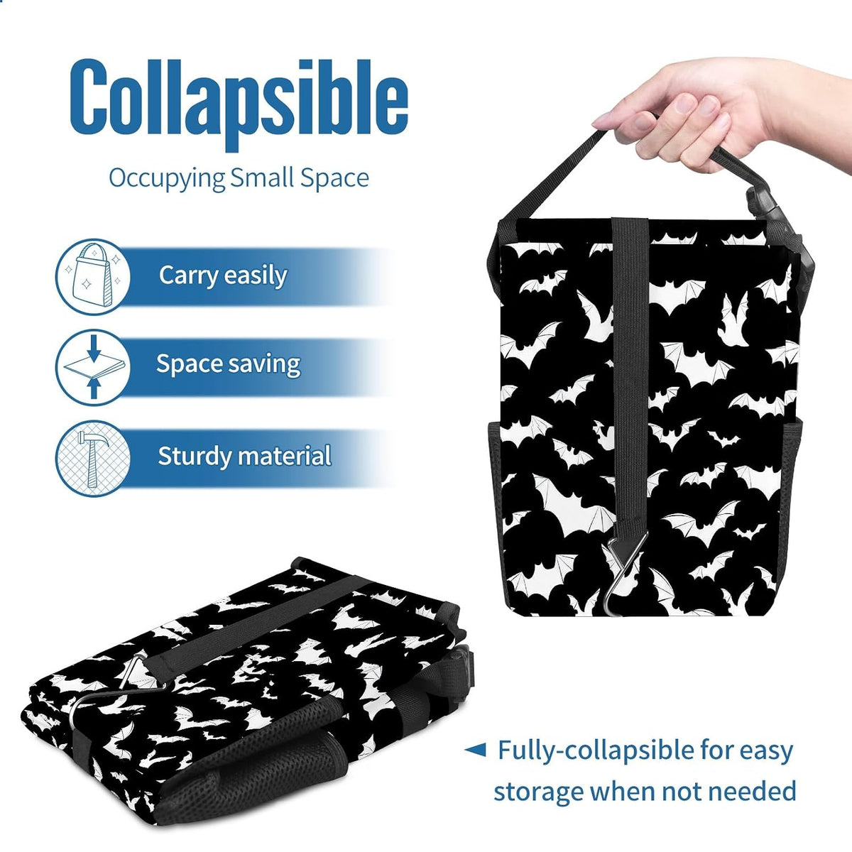 Car Trash Can with Lid Black and White Goth Bats Collapsible Reusable Leak-Proof Auto Garage Bag,Hanging Vehicle Car Accessories Interior Car Organizer
