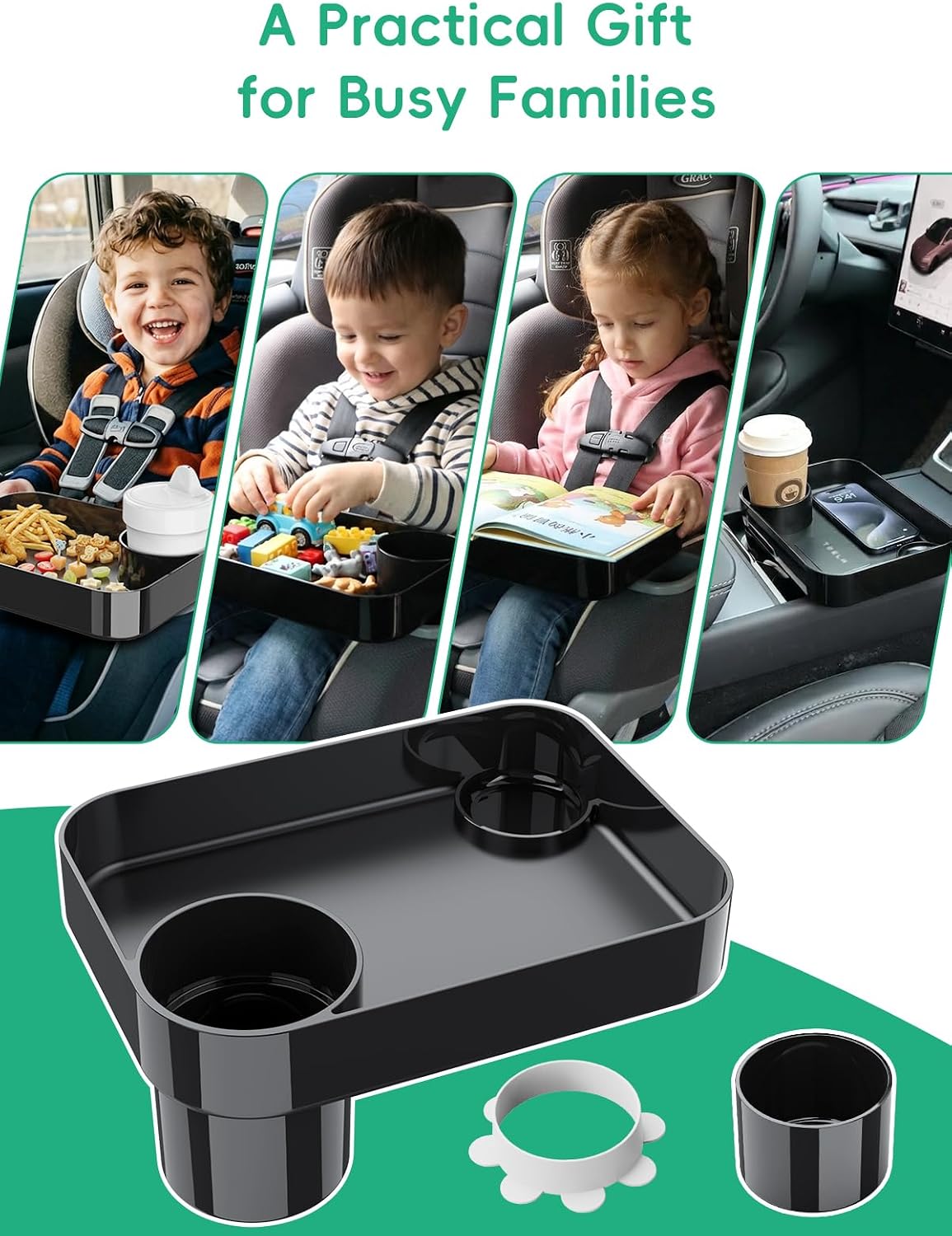Car Seat Cup Holder Snack Tray for Kids, Reduces Mess, Detachable Large Base & Adjustable Ring, Carseat Tray for Toddler, Car Seat Food Tray Eating Table for Kids Travel Road Trip Essentials