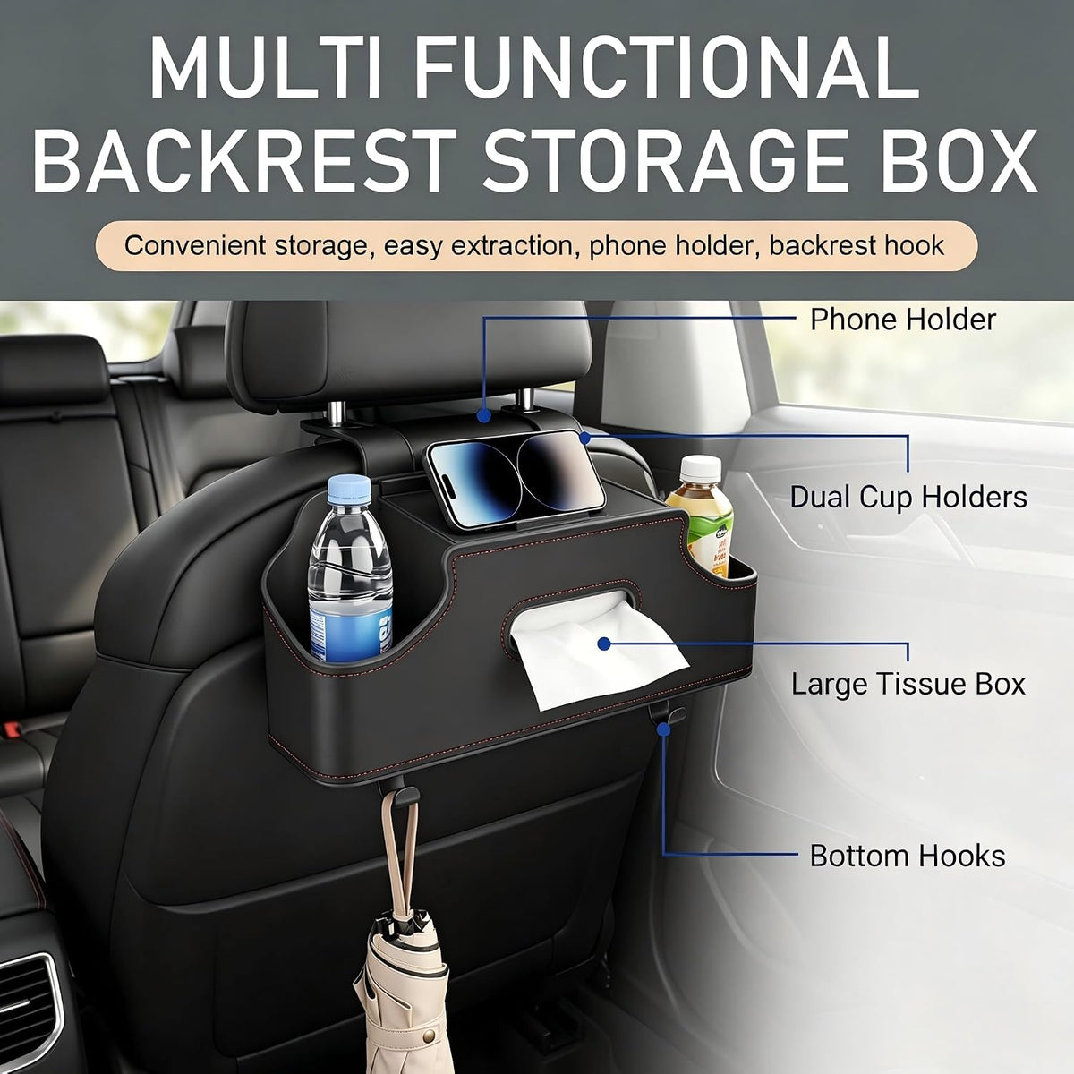 Car Seat Back Organizer, Cup Holder & Tissue Holder & Phone Stand & Dual Hooks, Multi-functional Load-bearing Storage Box for Phone Umbrella Bag, for Most Cars Trucks SUVs (Black)