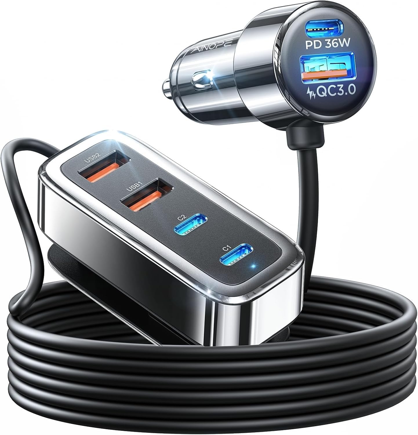 AINOPE 108W Multiple Ports Car Charger, Cigarette Lighter USB Charger, PD&QC Car Charger Adapter Fast Charging for iPhone 17 [+5FT Cable], 12V Road Trip Essentials for Kids, Car Accesories