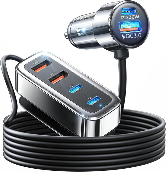 AINOPE 108W Multiple Ports Car Charger, Cigarette Lighter USB Charger, PD&QC Car Charger Adapter Fast Charging for iPhone 17 [+5FT Cable], 12V Road Trip Essentials for Kids, Car Accesories