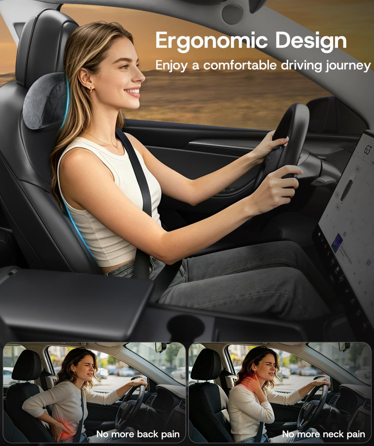 Farmogo Car Headrest Pillow & Lumbar Support Pillow Set for Tesla Model 3/Y/S/X Accessories, Suede Memory Foam Neck & Back Support, Removable Washable Cover - 2PCS