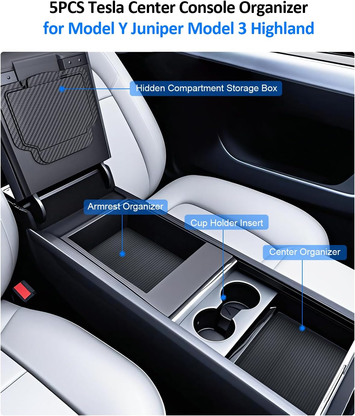 5PCS Center Console Organizer Tray for Tesla 2025 2026 Model 3 Highland Model Y Juniper & Model Y L Accessories, Center Tray Armrest Organizer Cup Holder Insert Hidden Compartment Storage