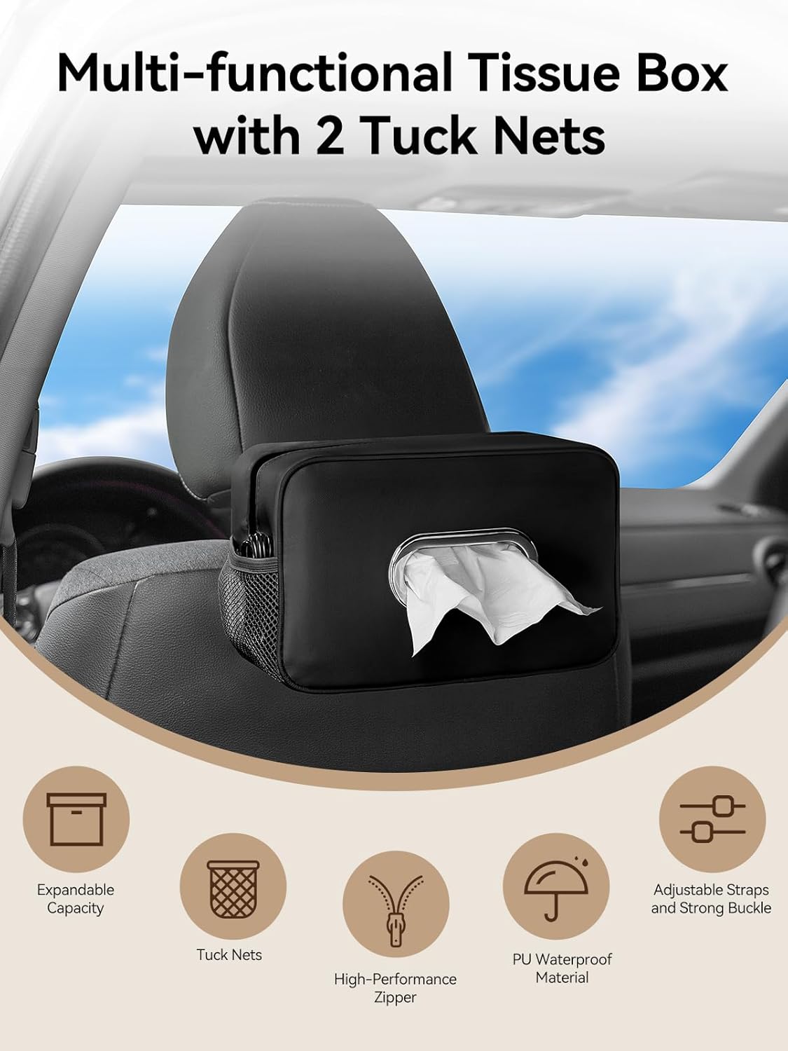 2PCS Multi-Functional Car Tissue Holder with ‌2 Tuck Nets, Tissue Box Cover