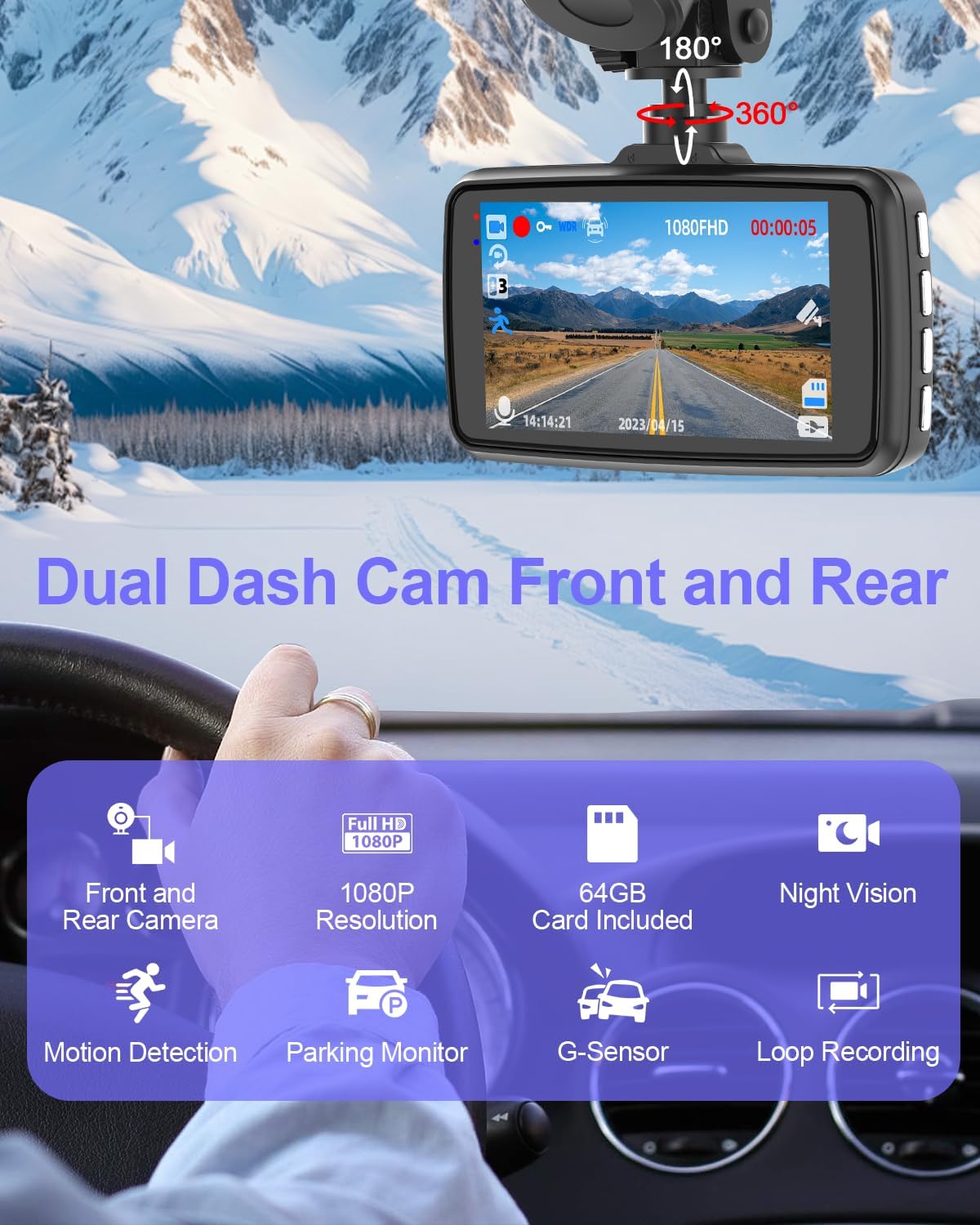 Dash Cam Front and Rear, 1080P Car Camera W/ 32GB Card