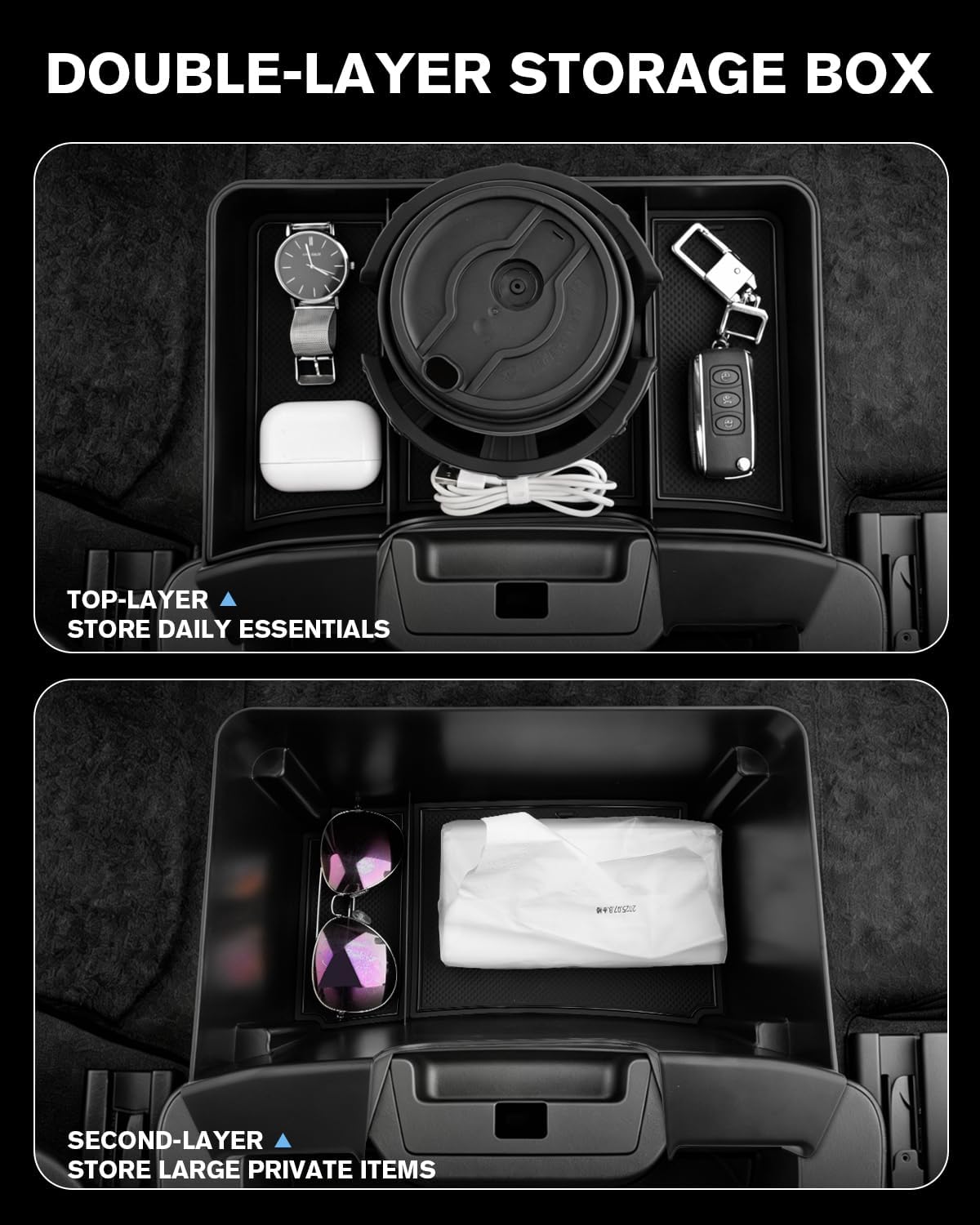 For Double Layer Center Console Hanging Organizer Box&Large Cup Holder Compatible with 2019-2026 Silverado/Sierra 1500& 2020-2026 Silverado/Sierra 2500/3500 Accessories(Split-Bench Folding Seat Only)