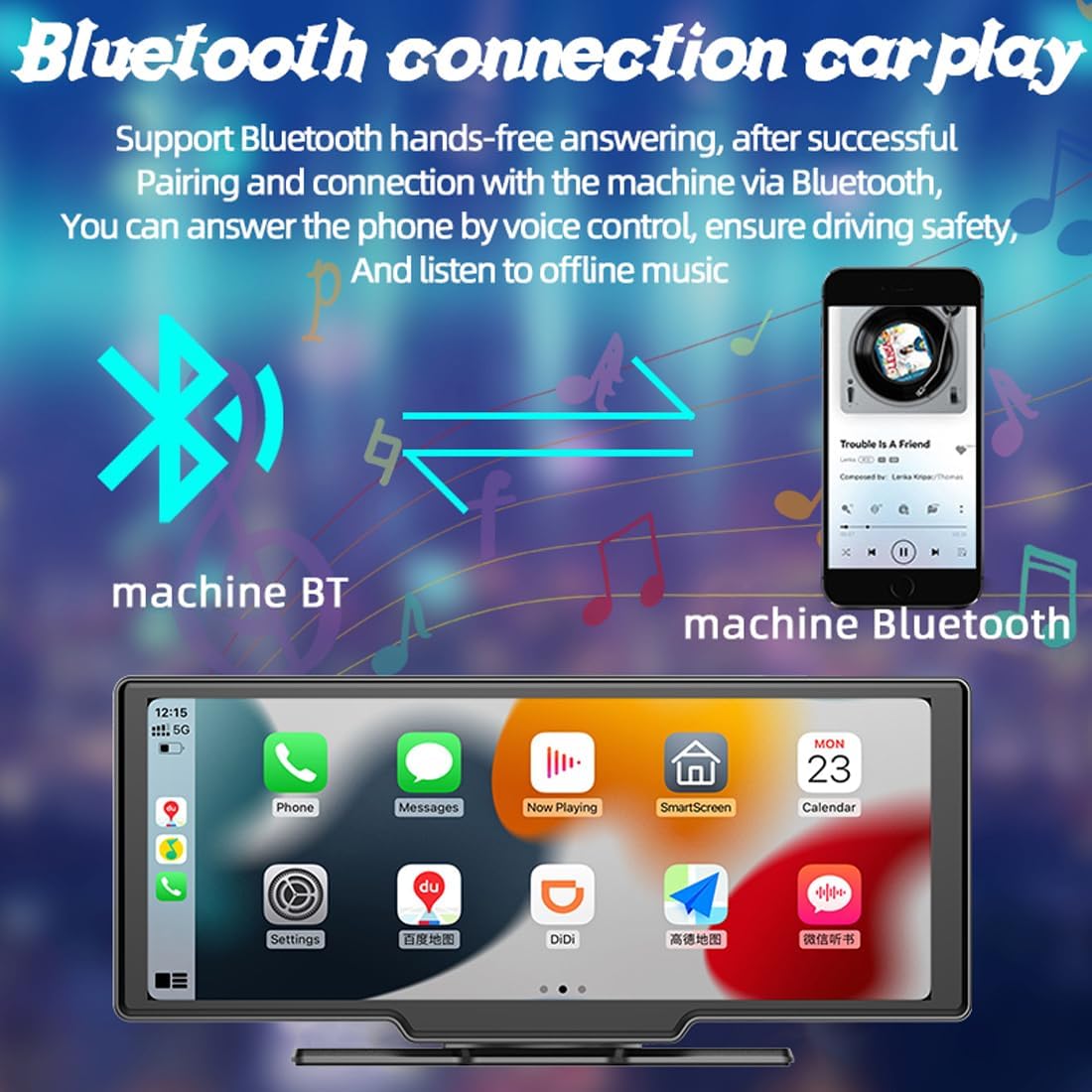 Portable Carplay Screen with Carplay & Android Auto, 10" Touch Screen with 2K Dash Cam, Rear Camera, Mirror Link, FM Transmitter, Split Screen, Bluetooth Car Radio