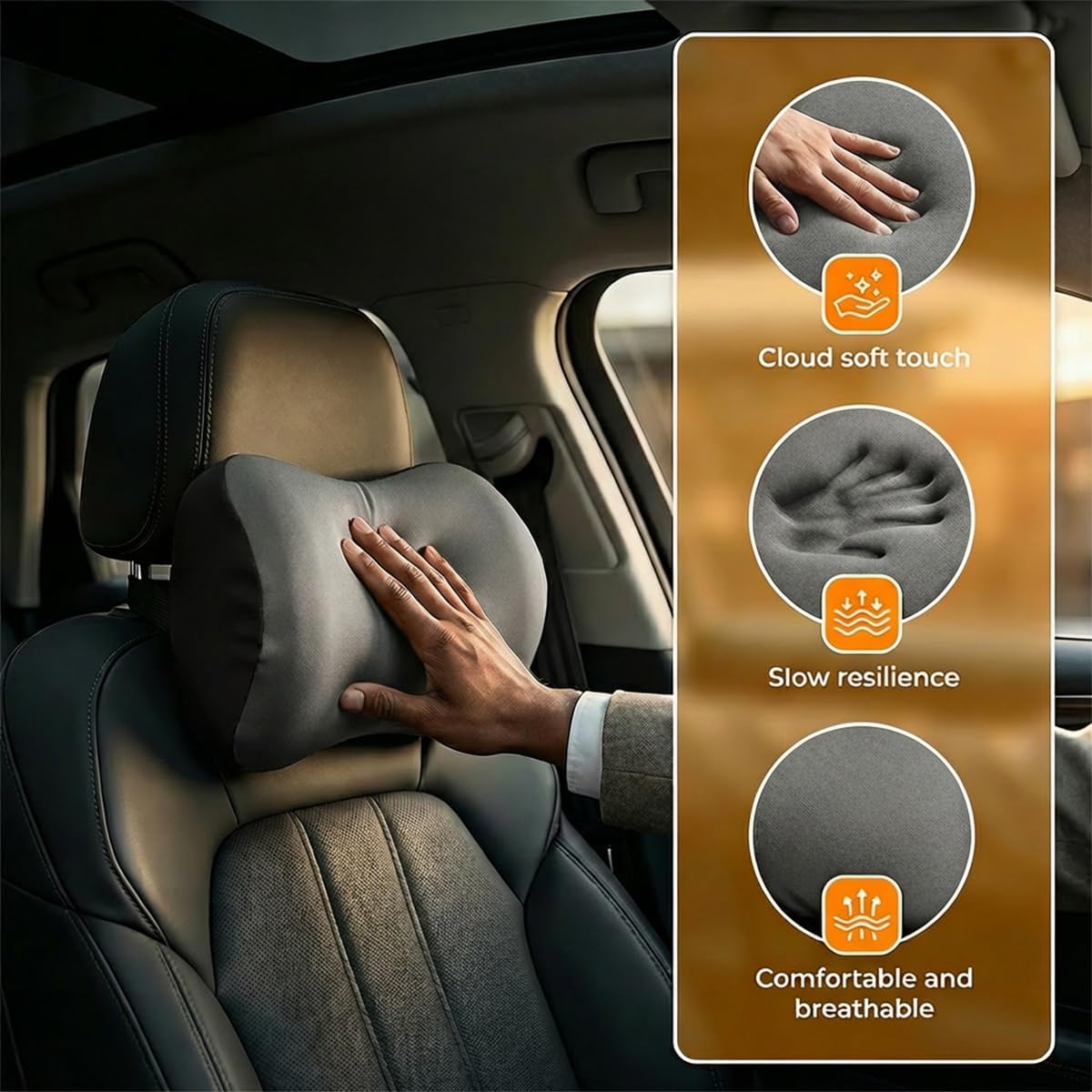 Car Headrest Pillow, Soft Memory Foam Car Neck Support Pillow for Pain Pressure Relief, Breathable Auto Interior Head Rest Cushion with Adjustable Strap for Comfortable Driving (Gray)