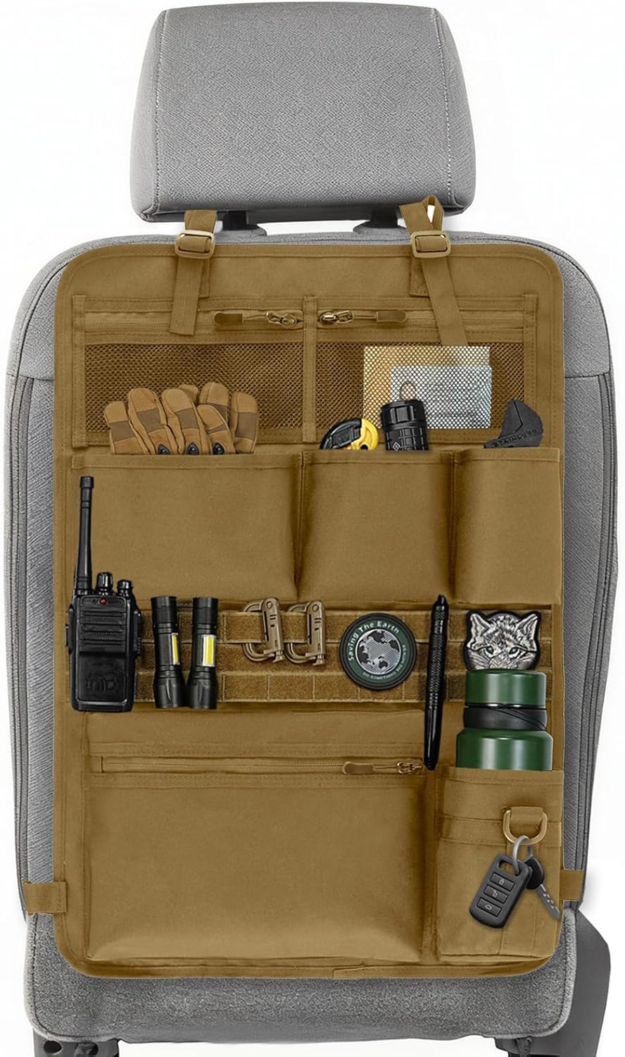 Tactical Car Seat Organizer with Multiple Pockets, MOLLE Panel System & Mesh Compartments, Durable Nylon Universal Vehicle Seat Back Storage with Cup Holder, Water-Resistant (Mud)