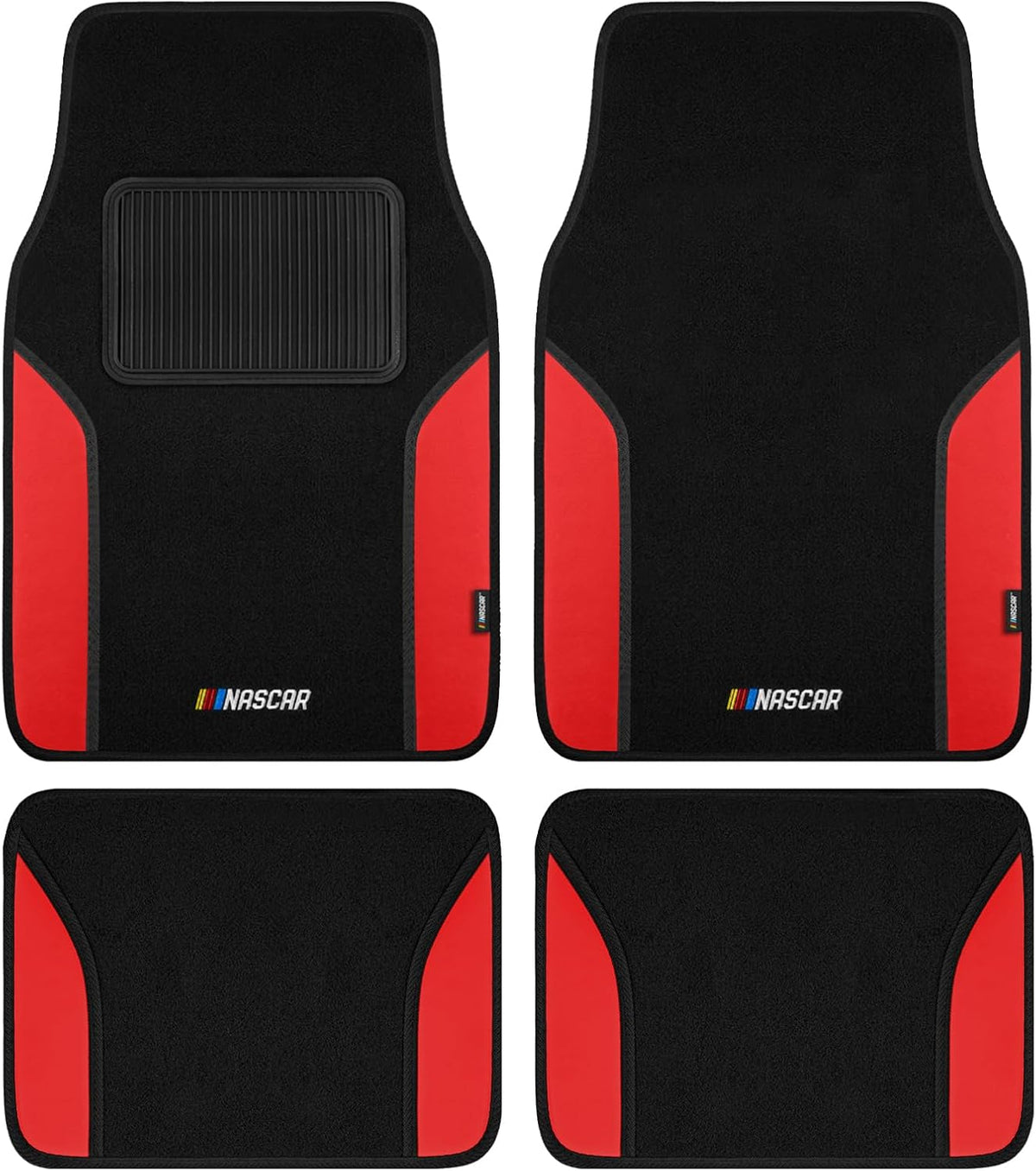 NASCAR Car Floor Mats, Carpet & Red Leather Design Car Mats, Universal-Fit All-Weather Car Floor Mats with Built-in Heel Pad & Anti-Slip Backing, Durable Odorless Automotive Interior Accessories