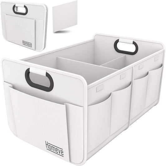 Homeve Car Trunk Organizer for SUV, 18.5Gal Large Capacity No-Sag Heavy Duty, Foldable Waterproof Anti-Slip Storage with 12 Pockets, Fit Sedan, Truck, Universal Car Accessories, White, 2 Compart,Large