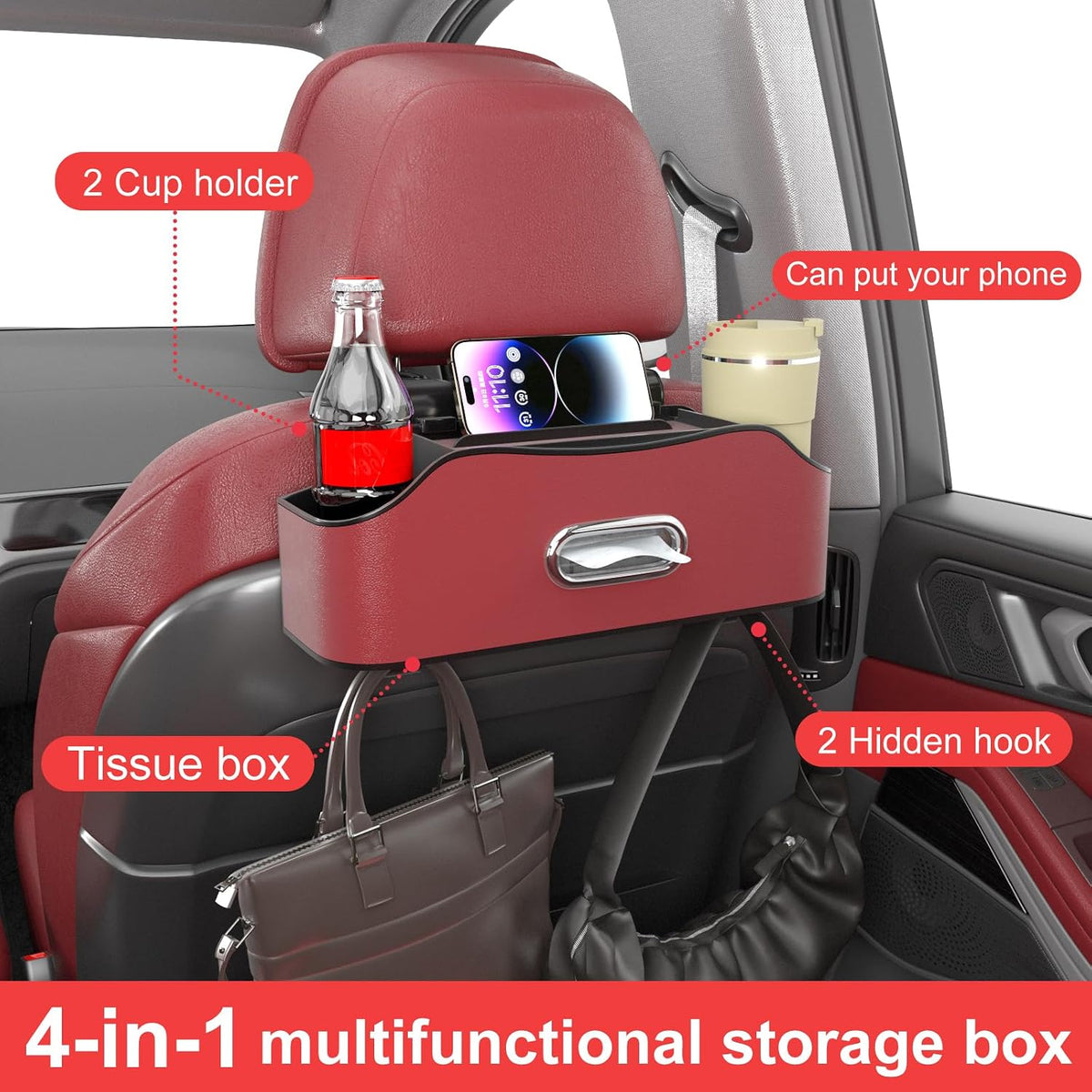 Back Seat Cup Holder for Car – Multifunctional Seat Back Organizer with Drink Holders, Tissue Box Storage & Hooks, Fits Headrest for Auto. (Red)
