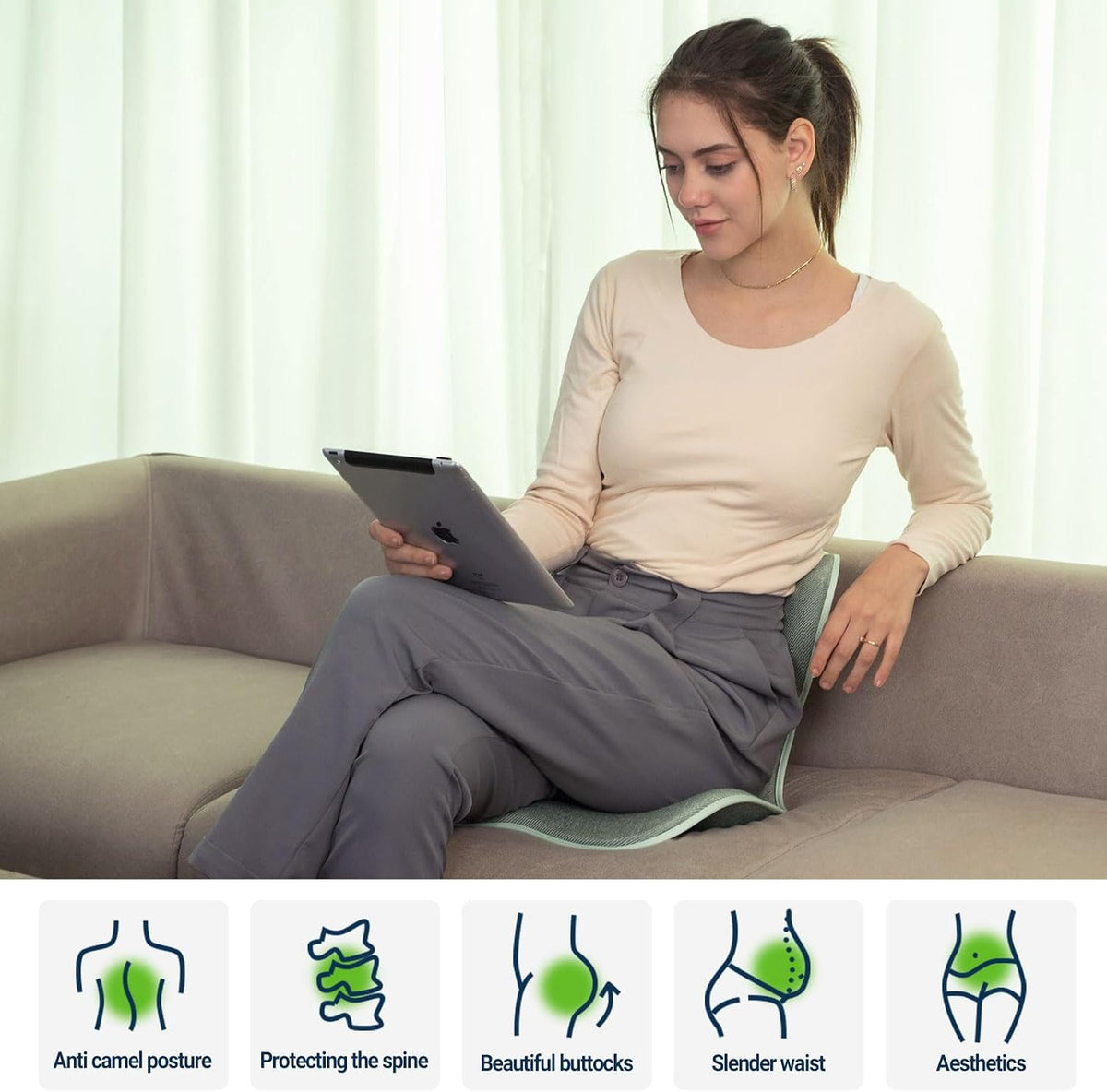 Season Guard Ergonomic Chair Seat Cushion Back Support, Posture Correction Lumbar Support Pillow, Lower Back Pain Relief for Car Driving, Office Chair, Green
