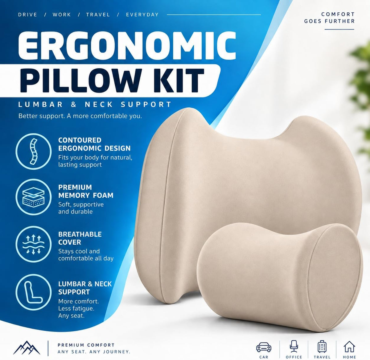 Lumbar & Neck Support Pillow Kit - Beige - Back & Neck Support Pillow for Car & Office Chair - Memory Foam Pillow - Ergonomic Pillow for Neck & Back Pain Relief