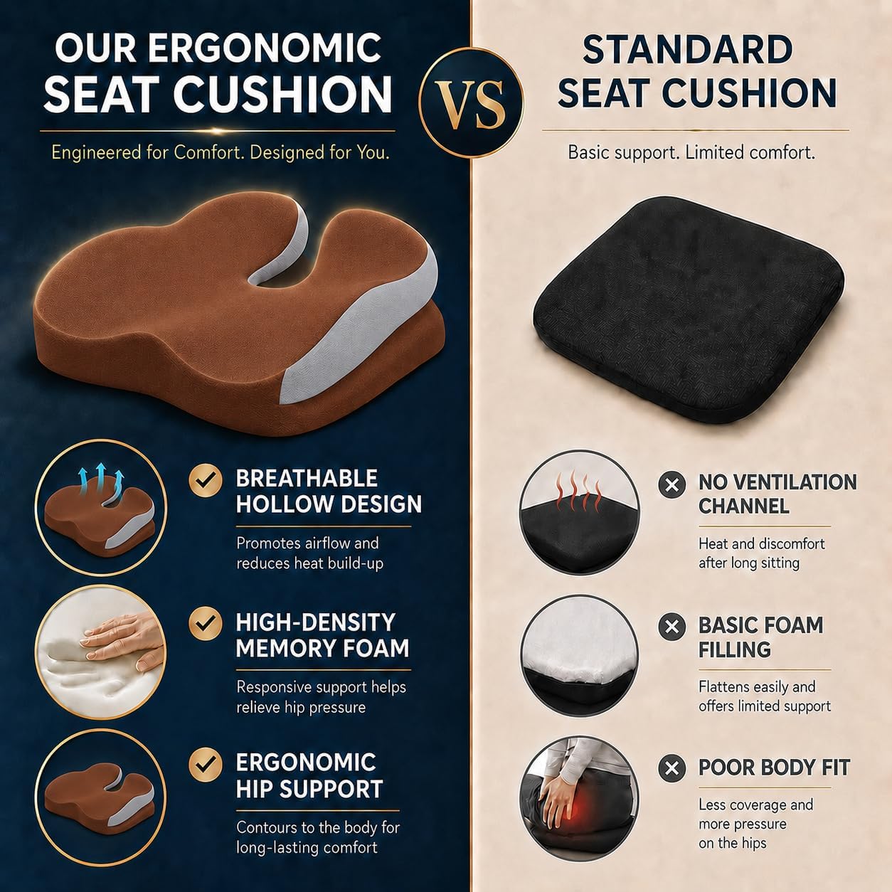 Seat Cushions for Office Chairs Wheelchair Cushion for Long Sitting Back Pain，Memory Foam Seat Car Computer Desk Chair Cushion，Coccyx Cushion for Tailbone Pain Relief Cushion Office Chair Brown